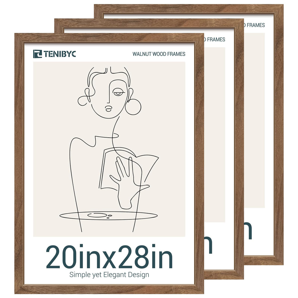 TENIBYC 20x28 Walnut Poster Frame 3 Pack - Natural Brown, Solid Wood Picture Frame, Wall Gallery Frame