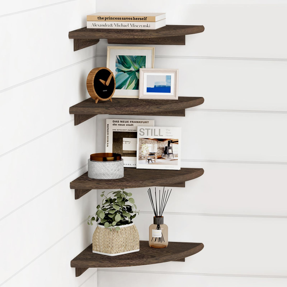 Forbena Black Corner Floating Shelves For Wall Set Of 4, Small Rounded Corner Shelves Wall Mount For Bedroom Books, Mini Wood Hanging Corner Shelf For Bathroom Decor, Living Room, Small Spaces