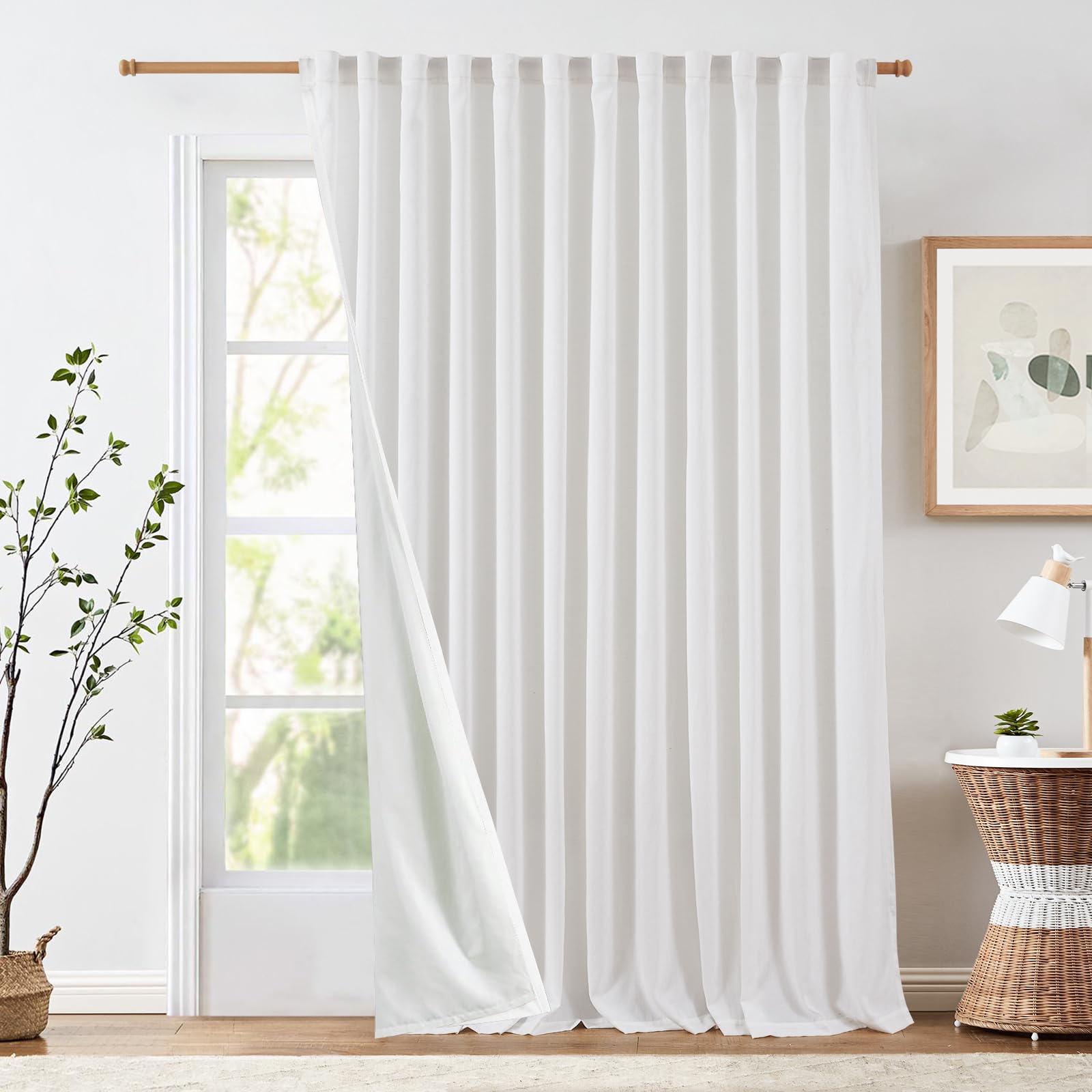 Jinchan Linen Blend White Curtains 100Wx96L Inches For Living Room Extra Wide Farmhouse Rod Pocket Back Tab Light Filtering Window Drapes With Lined For Bedroom White 1 Panel