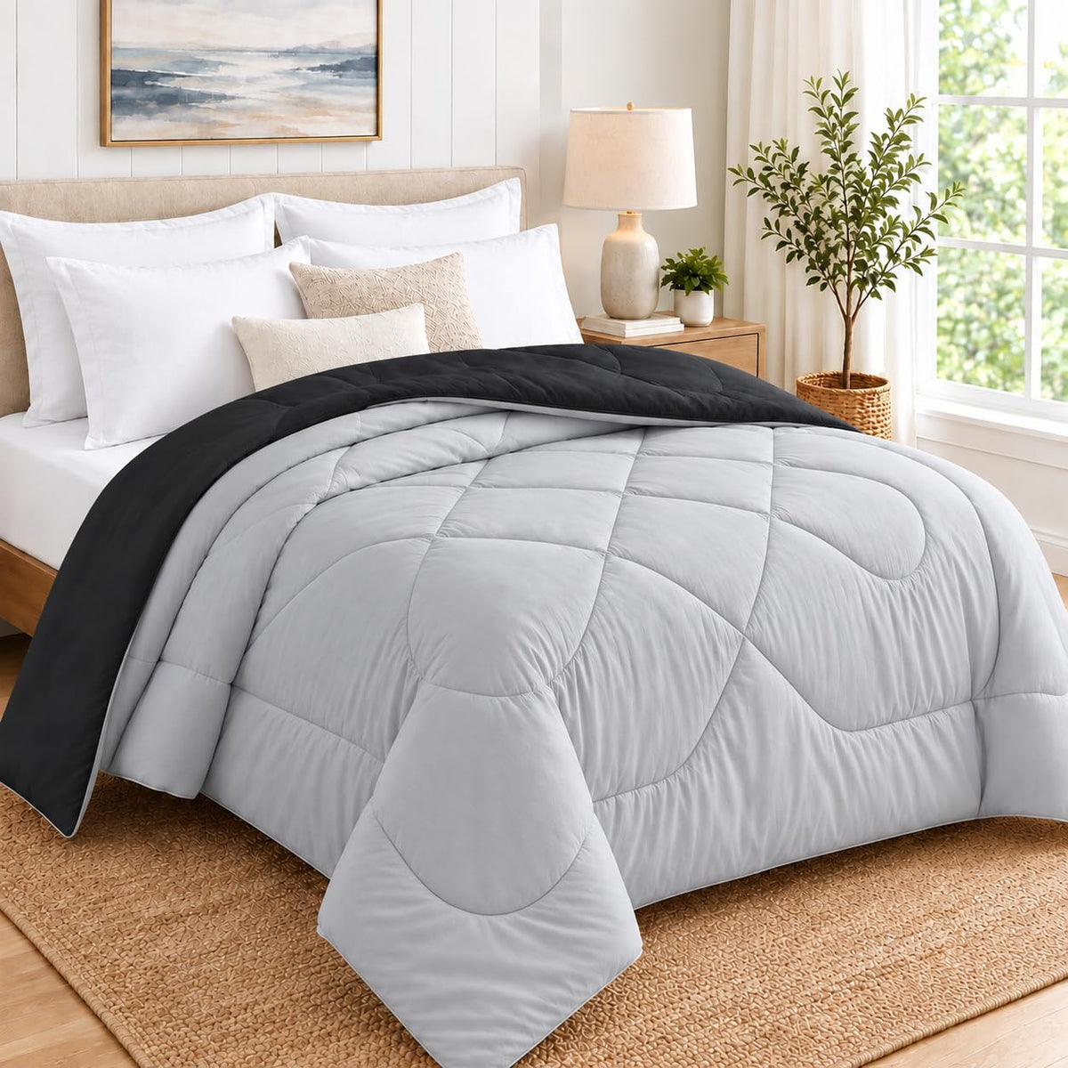 Sky Beddings Reversible Comforter For King Bed  Light Grey/Black