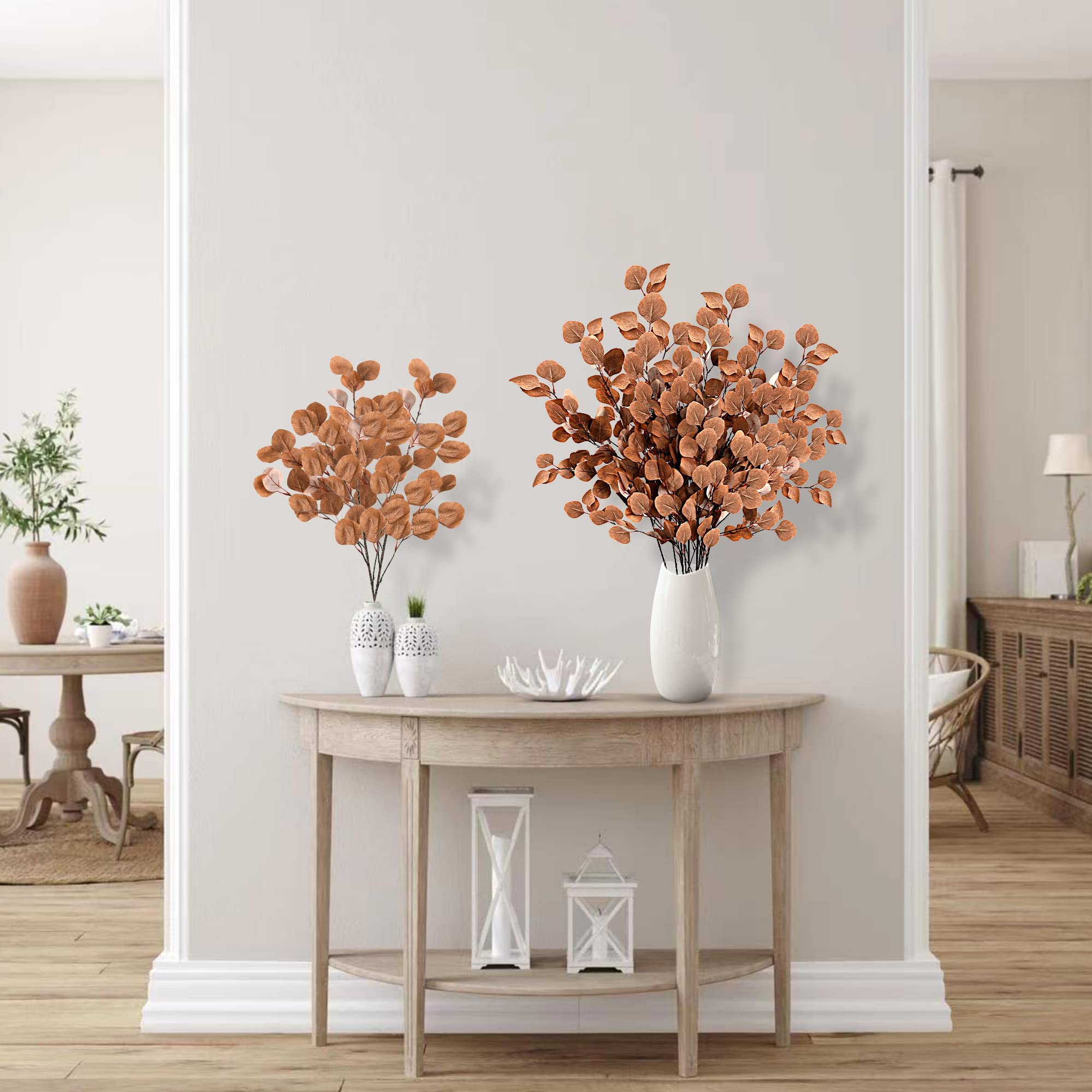 Sggvecsy 6 Pcs Fall Artificial Eucalyptus Stems Long Silver Dollar Leaves Fake Silk Eucalyptus Leaf Branches For Indoor Home Aut