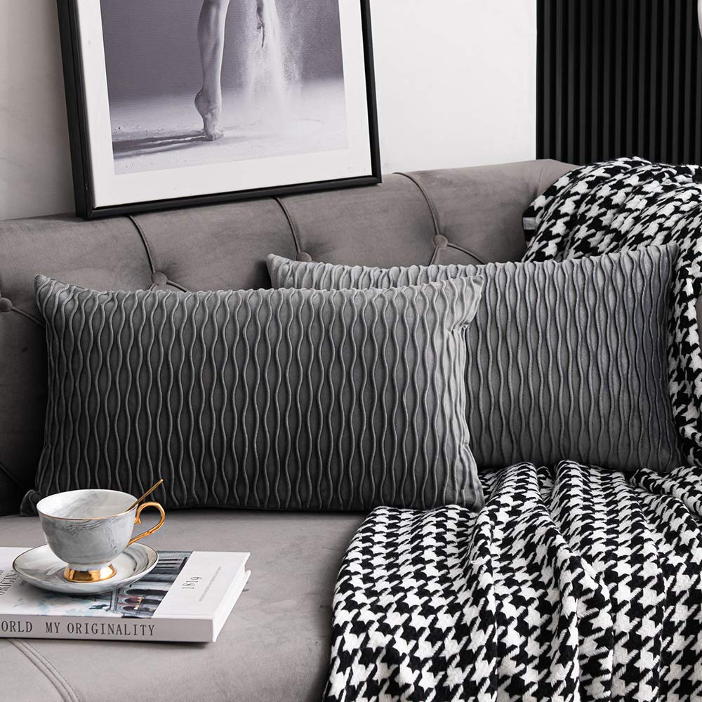 Dezene Grey Striped Decorative Pillow Cases: 2 Pack 12X20 Inch Original Velvet Rectangular Throw Pillow Covers For Farmhouse Cou