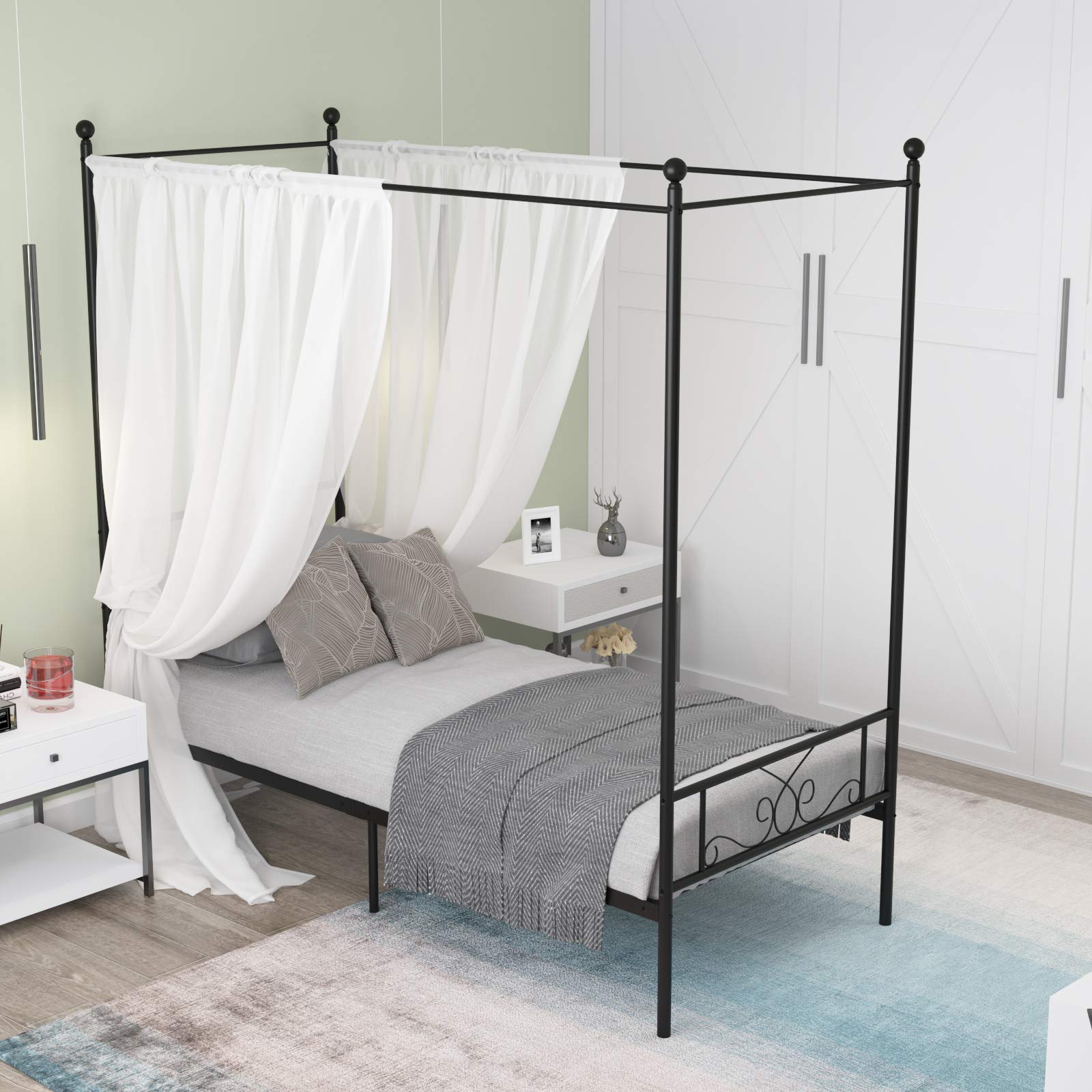 Weehom Twin Canopy Bed Frame With Headboard And Footboard, 4 Posters Metal Bed Frame, No Box Spring Needed, Mattress Foundation Platform Bed For Kids And Adults, Black