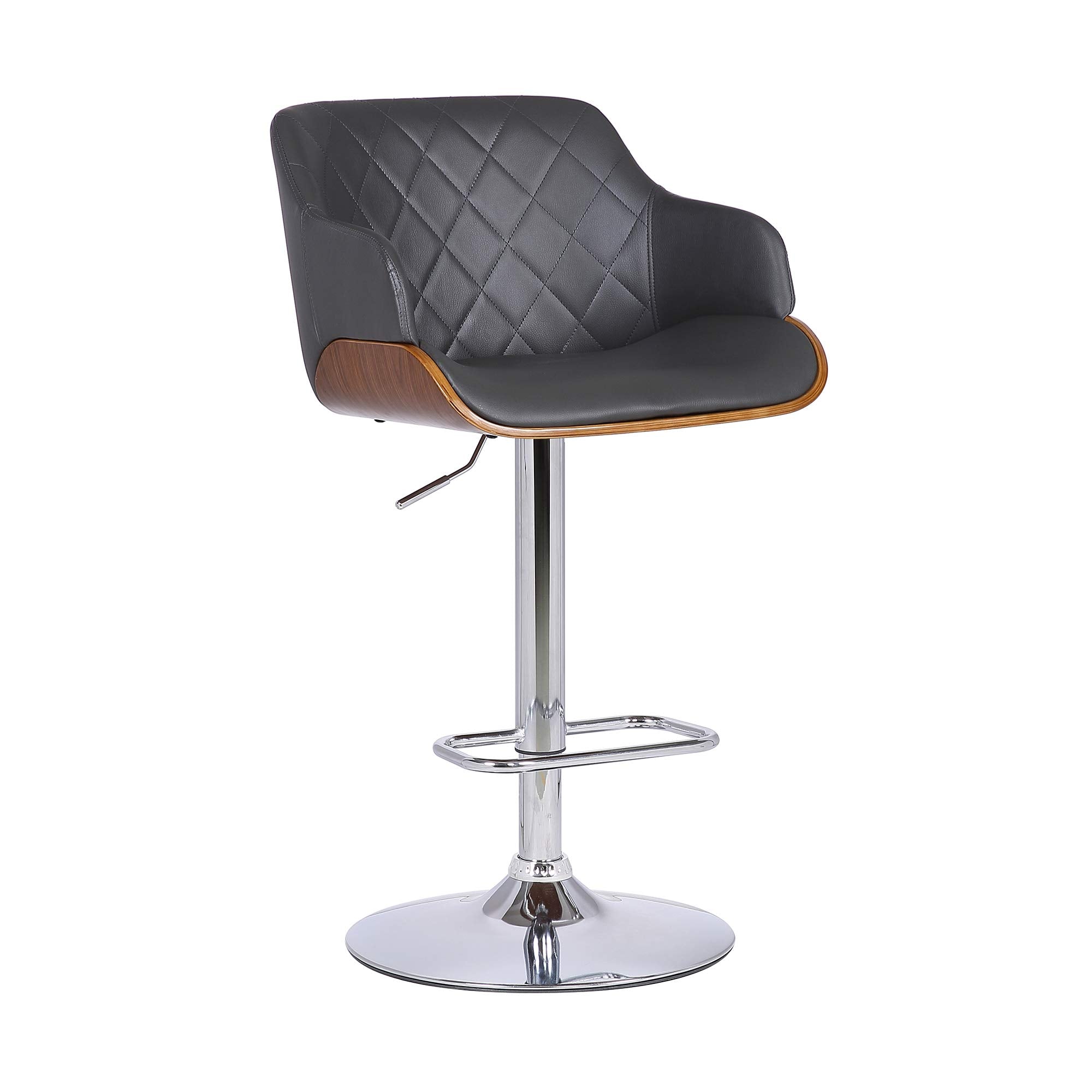 Armen Living Toby Faux Leather Swivel Barstool, Adjustable, Gray, Chrome, Walnut