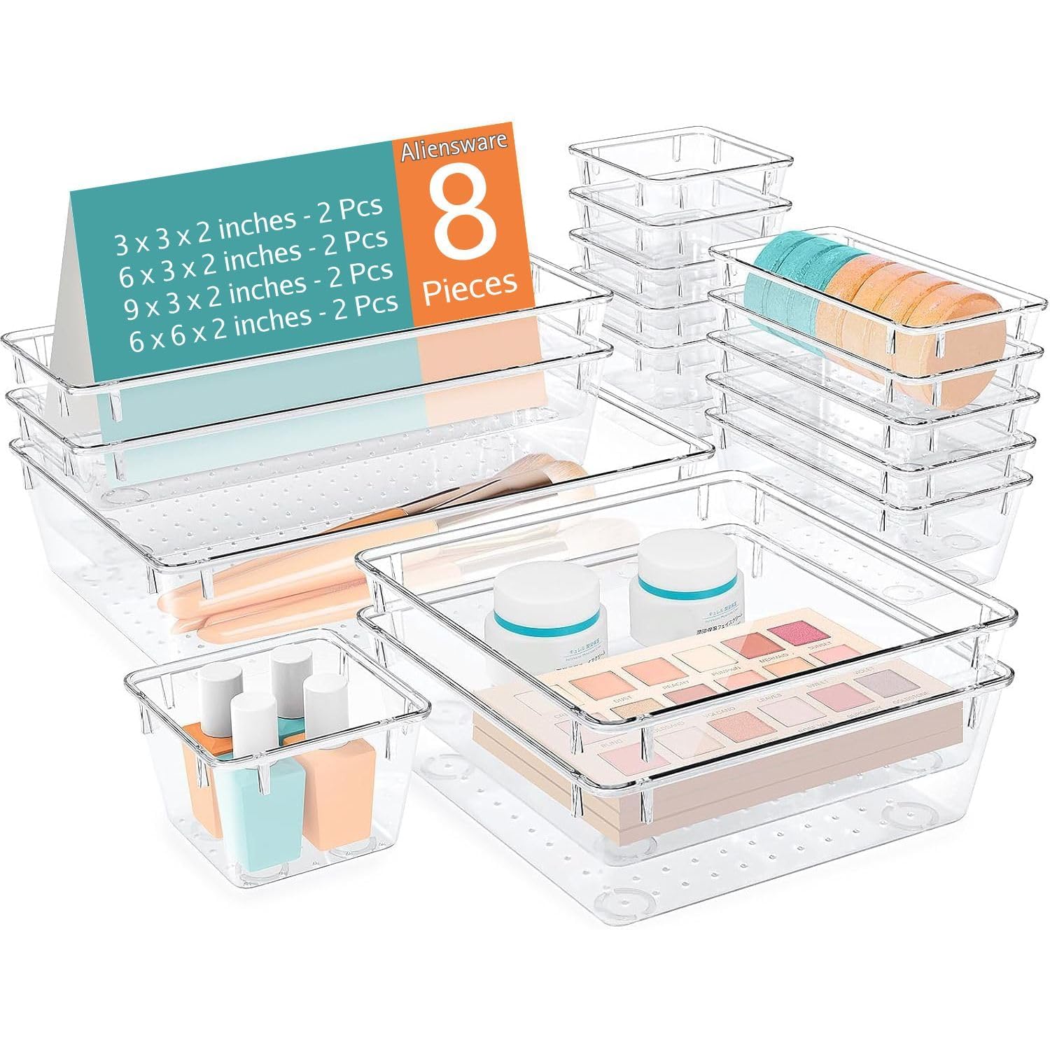 Homeness 8Pcs Transparent Drawer Organizer, Clear Plastic Dividers Trays, Versatile Bathroom And Vanity Organiser, Storage Bins 