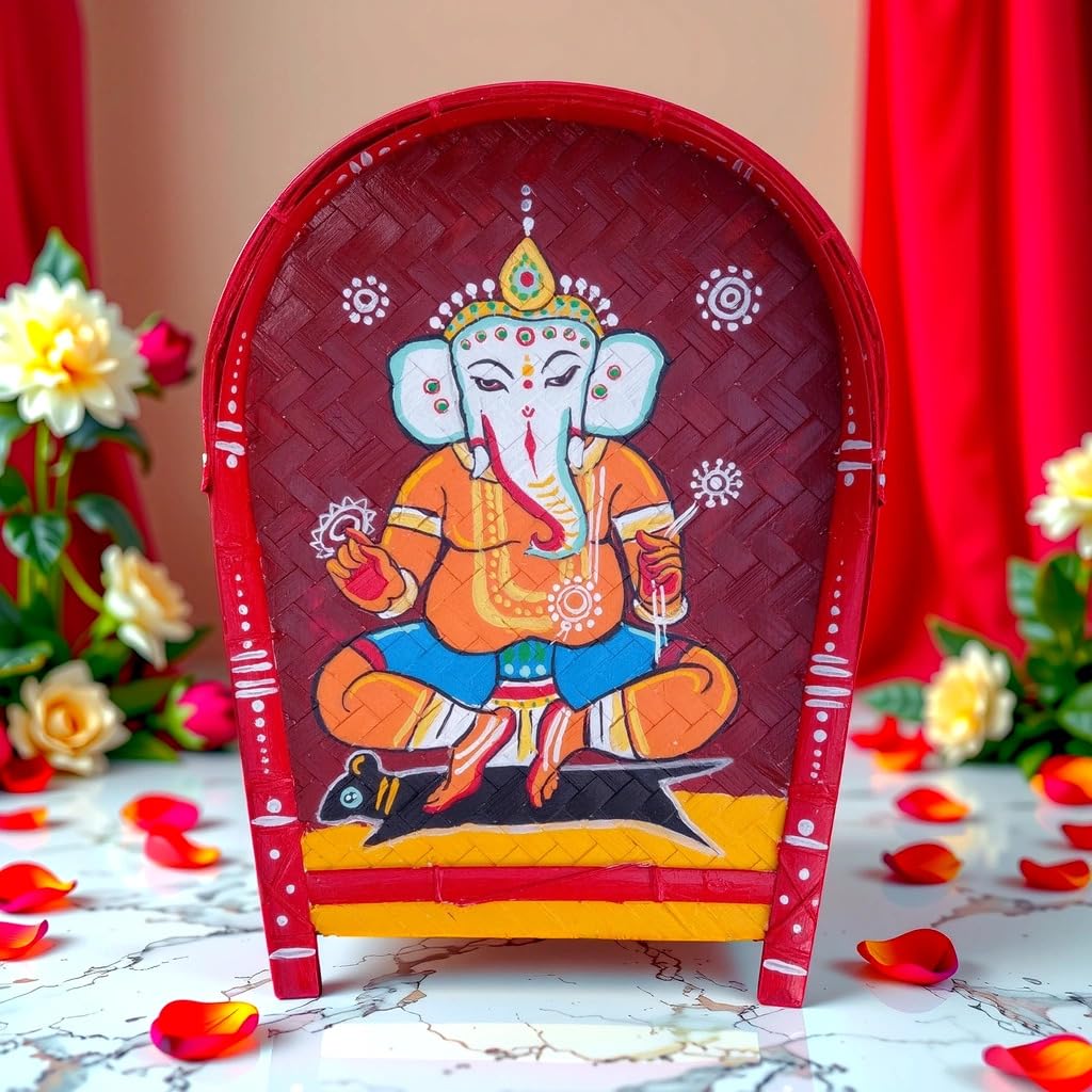 arushis Lord Ganesha Paintings on Kulo of Jamini Roy, Bamboo Tray Wall Hangings, Jamini Roys Lord Ganesha 38x30 cm