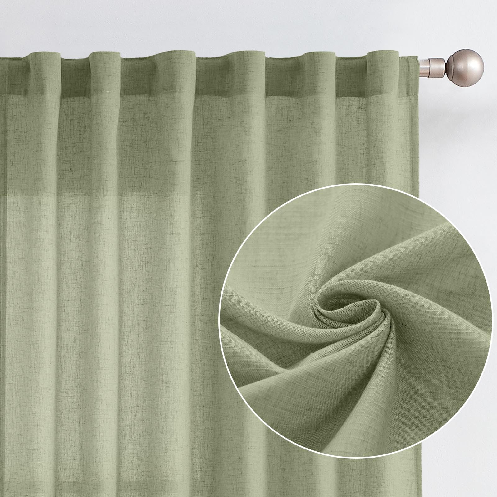 Jinchan Linen Blend Curtains 63 Inches Length For Living Room Farmhouse Rod Pocket Back Tab Light Filtering Window Drapes For Bedroom Curtains Sage Green 2 Panels