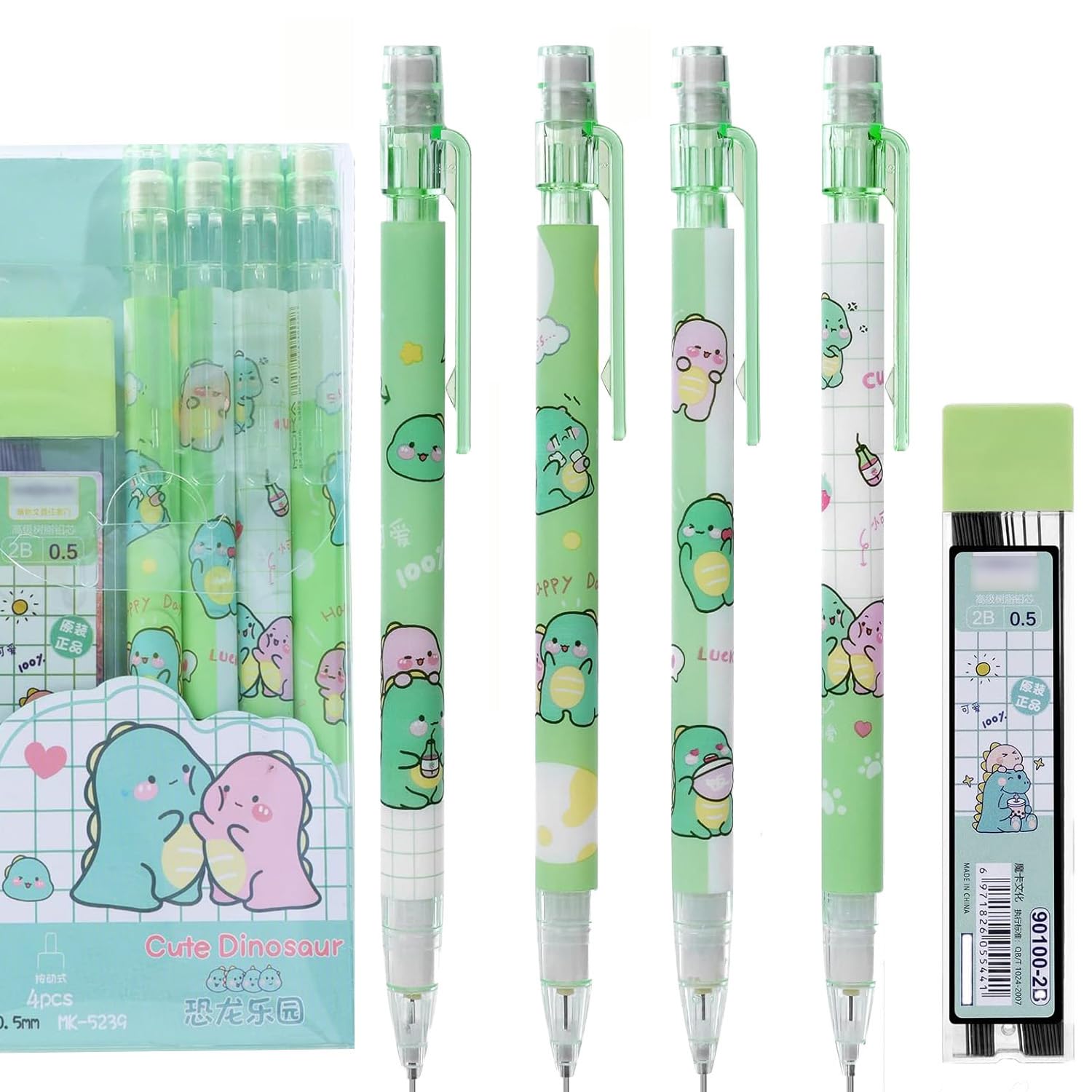 Shideshin 4Pcs Cute Cartoon Dinosaur Mechanical Pencils Set With Tubes 0.5 Mm Pencil Refills Back To School Gift For Kids Girls