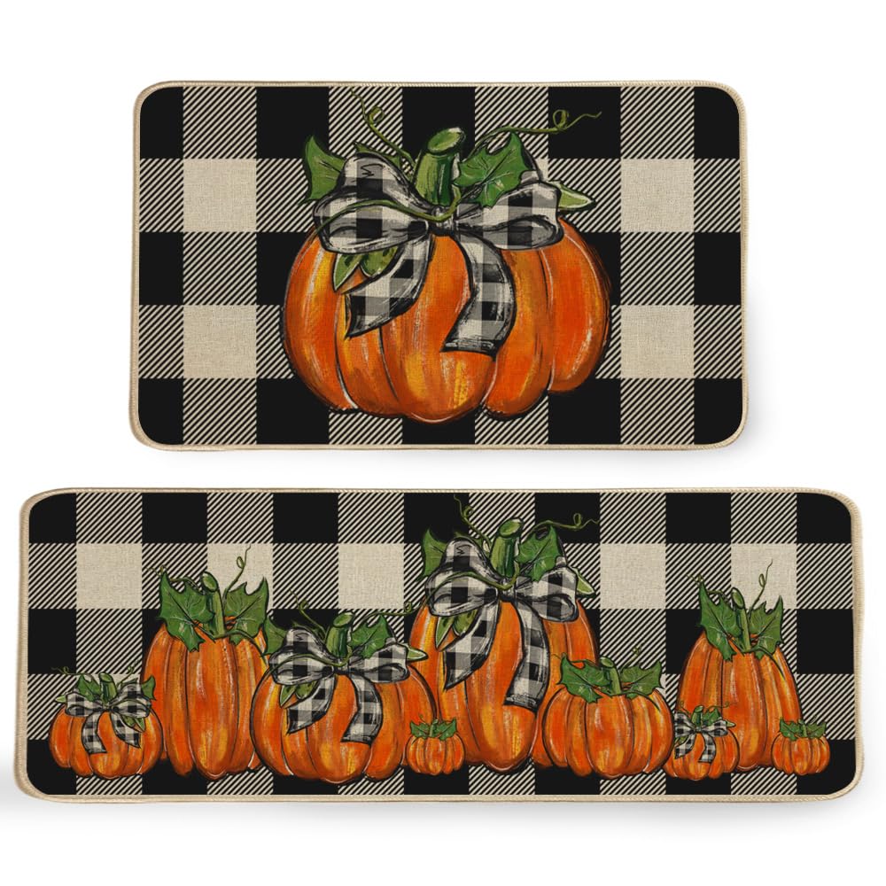 Geeory Fall Kitchen Mats Set Of 2, Buffalo Plaid Pumpkins Bowknot Floor Mat Farmhouse Seasonal Holiday Thanksgiving Decorations