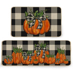 Geeory Fall Kitchen Mats Set Of 2, Buffalo Plaid Pumpkins Bowknot Floor Mat Farmhouse Seasonal Holiday Thanksgiving Decorations