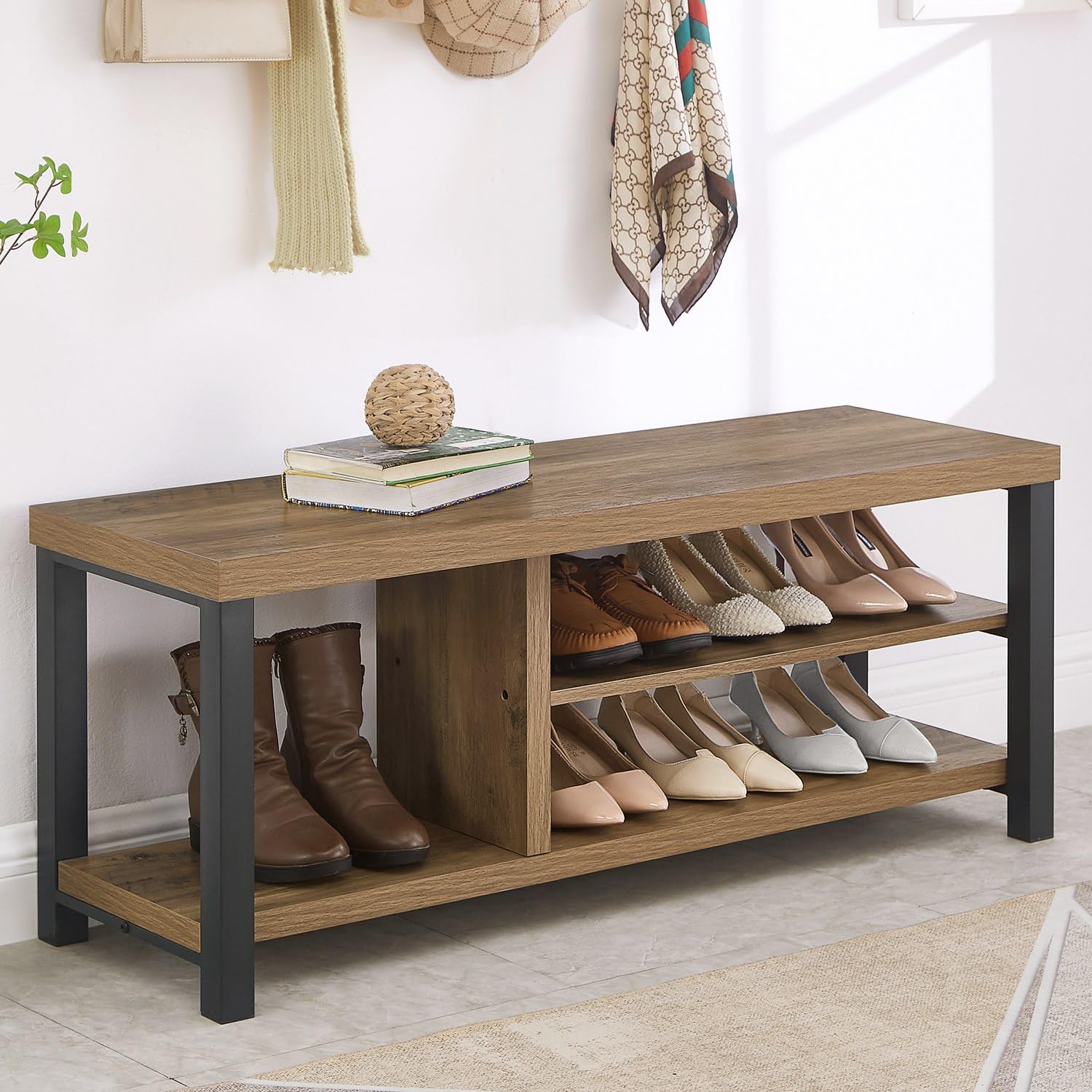 FOLUBAN Shoe Storage Bench, Industrial Entryway Bench, Modern Indoor Wood and Metal Shoe Rack Bench Seat for Bedroom, Hallway, L