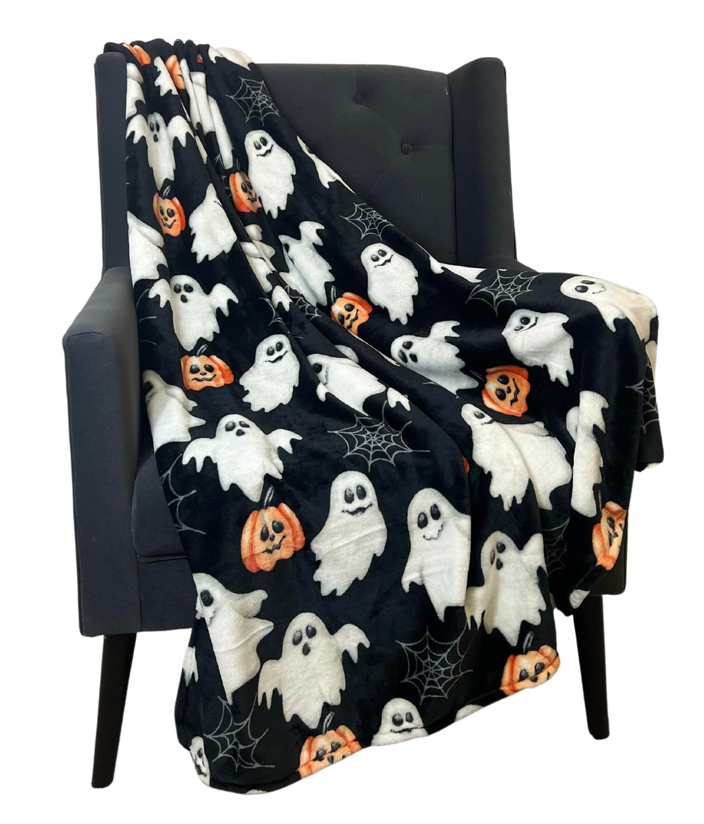 Halloween Throw Blanket: Jack O Lantern Pumpkins White Ghosts and Spiderwebs on Soft Black Velvet Fleece for Sofa, Couch, Chairs
