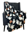 Halloween Throw Blanket: Jack O Lantern Pumpkins White Ghosts and Spiderwebs on Soft Black Velvet Fleece for Sofa, Couch, Chairs