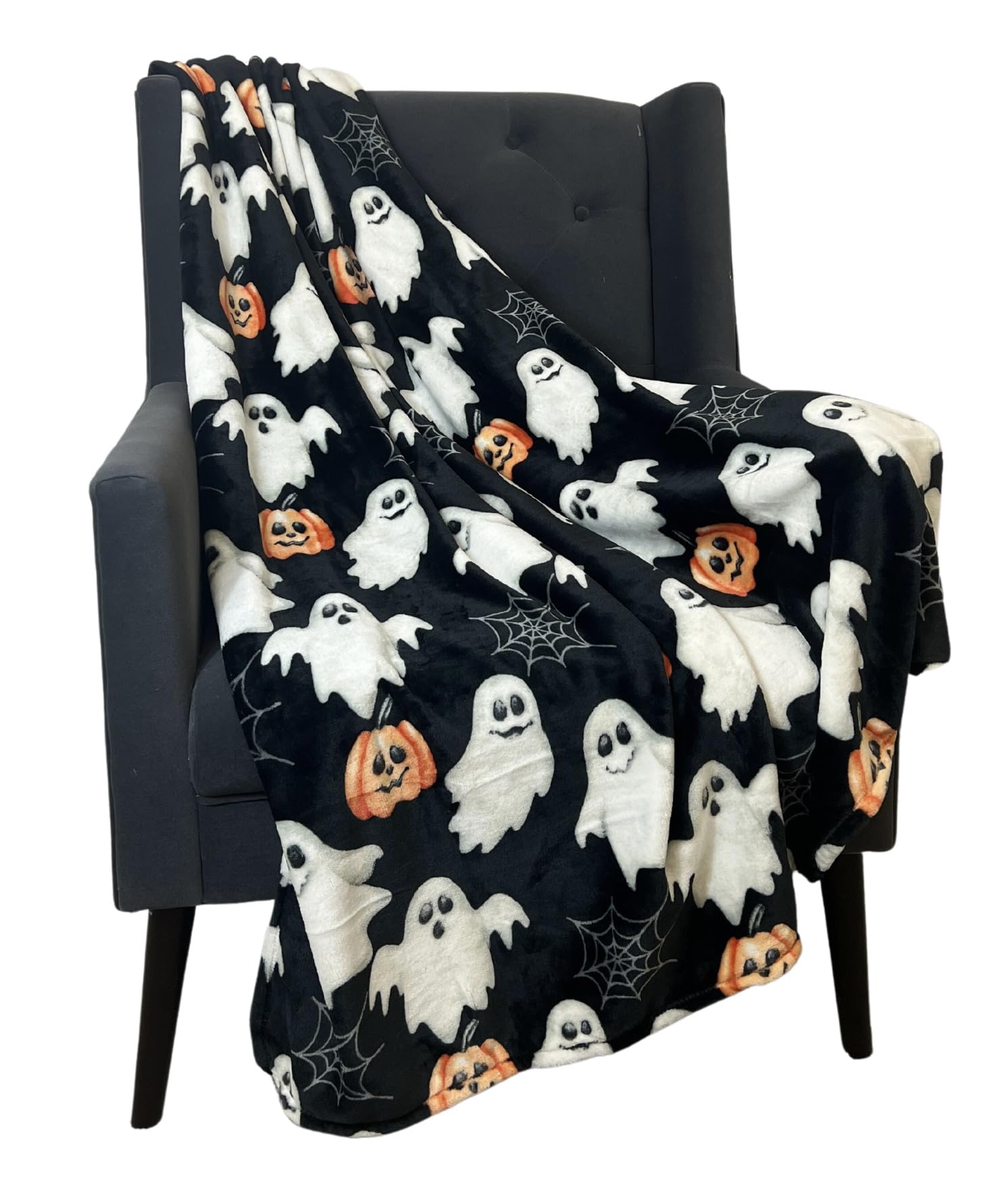 Halloween Throw Blanket: Jack O Lantern Pumpkins White Ghosts and Spiderwebs on Soft Black Velvet Fleece for Sofa, Couch, Chairs