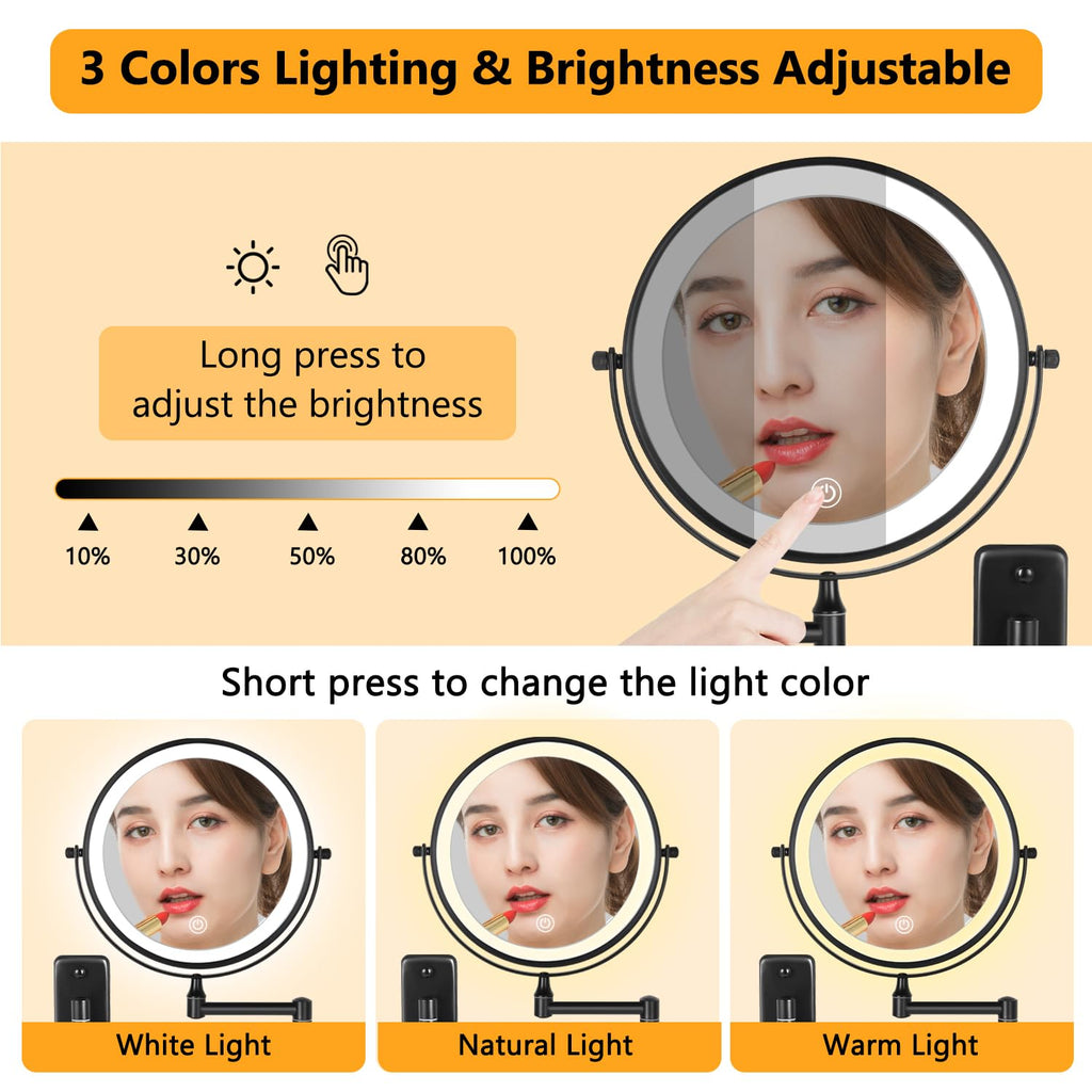 Decluttr Rechargeable Wall Mounted Lighted Makeup Mirror, 8 Inch 10X Magnifying Mirror With 3 Color Lights, Dimmable Touch Scree