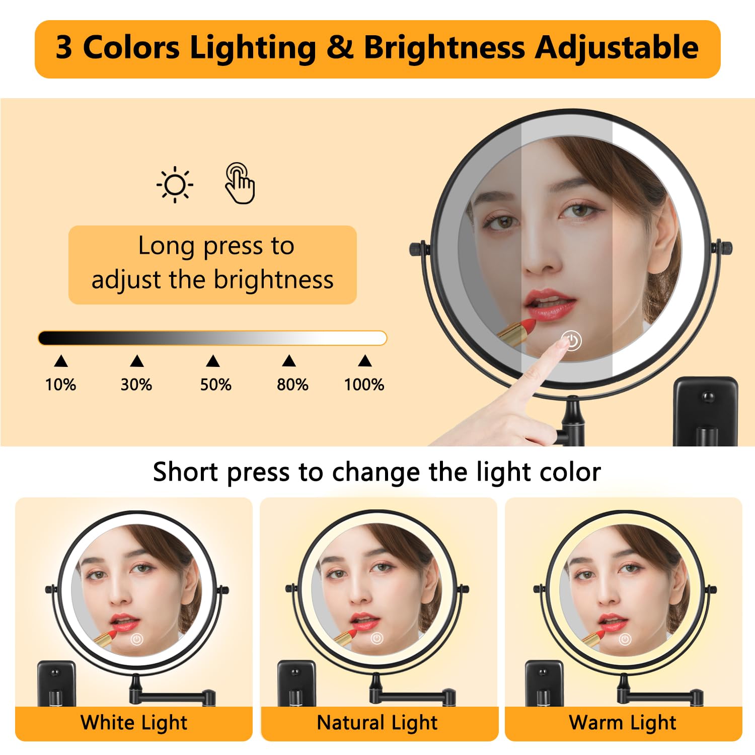 Decluttr Rechargeable Wall Mounted Lighted Makeup Mirror, 8 Inch 10X Magnifying Mirror With 3 Color Lights, Dimmable Touch Scree