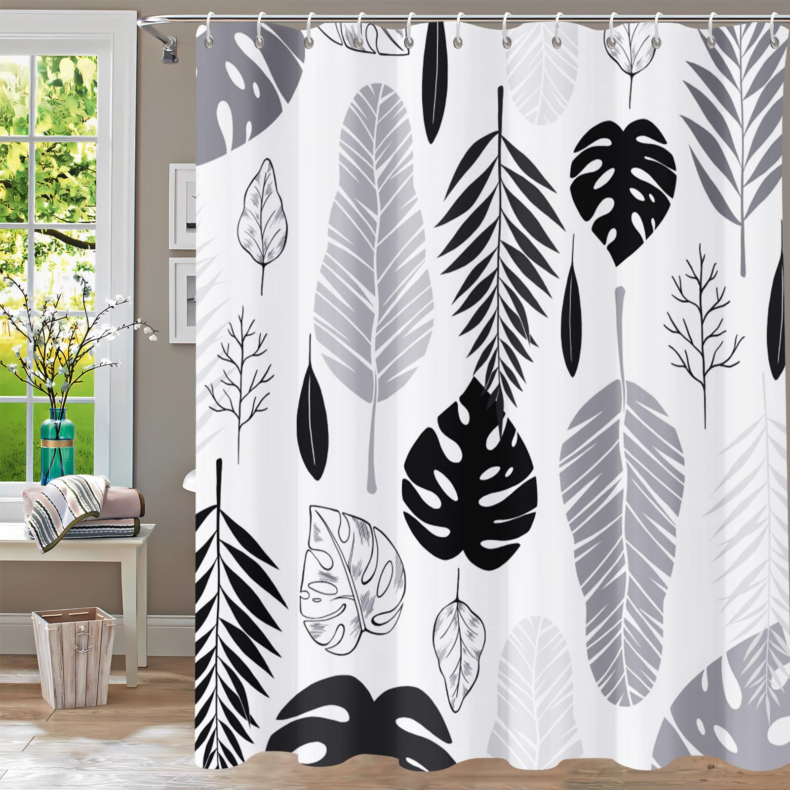 Shower Curtain,Tropical Black White Leaf Shower Curtains for bathroom,Grey Palm Leaves Abstract Plant Shower Curtain Set,Waterpr