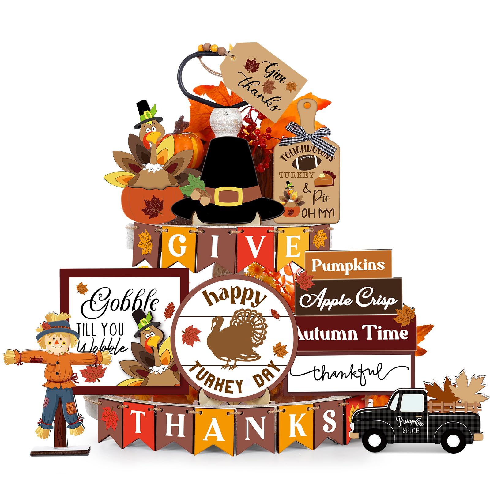24 Pcs Thanksgiving Tiered Tray Decoration Fall Thanksgiving Decoration Farmhouse Rustic Wooden Sign Turkey Truck Scarecrow Fall