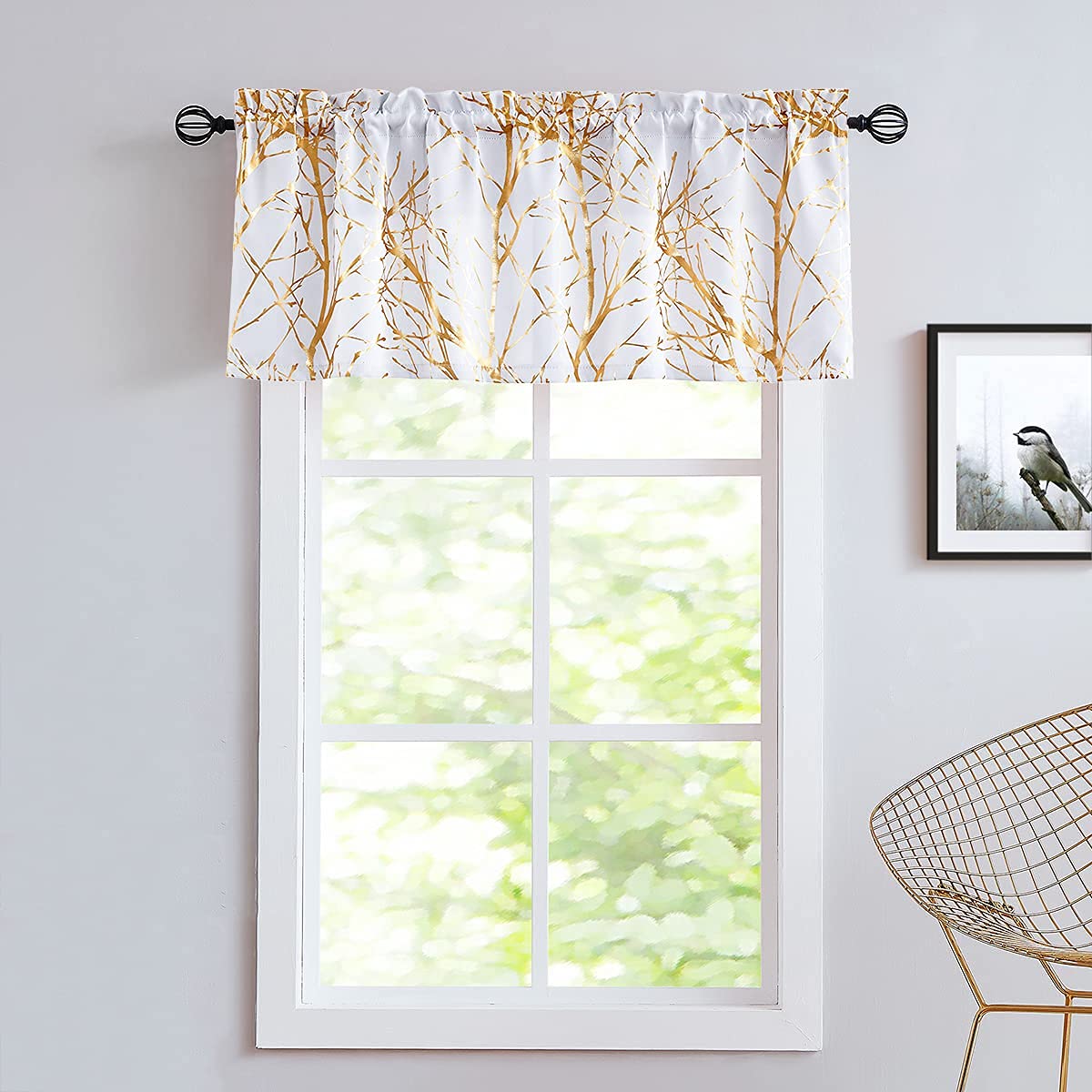 FMFUNCTEX Valance Curtains for Living-Room Window White Gold Metallic Tree Branch Blackout Window Valances 50 W x 18 Long 1 pc R