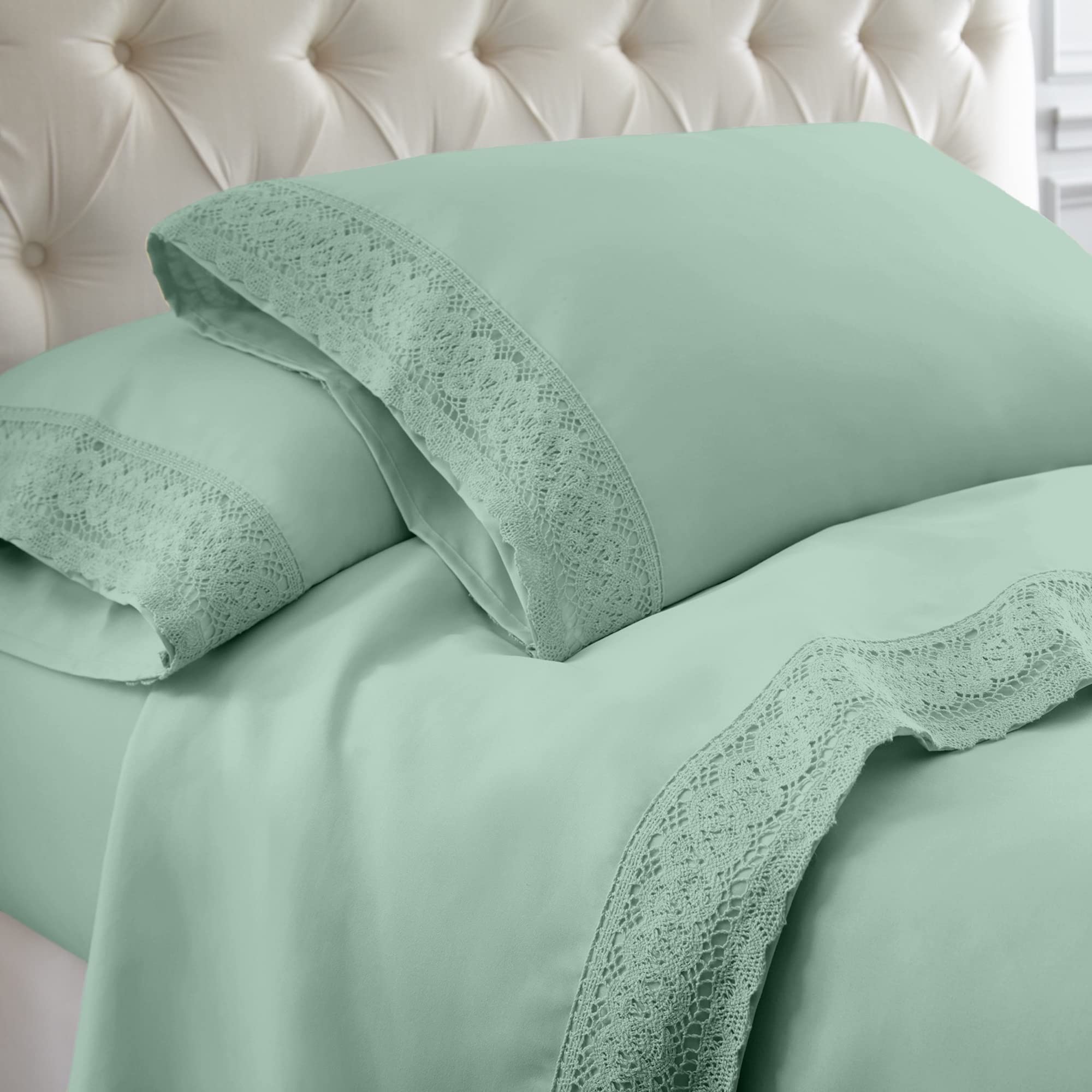 Modern Threads Seafoam Microfiber Bed Linen Set - 4Pcs Luxurious Crochet Lace Sheets & Pillowcases, King, Deep Pocket, Stain Res