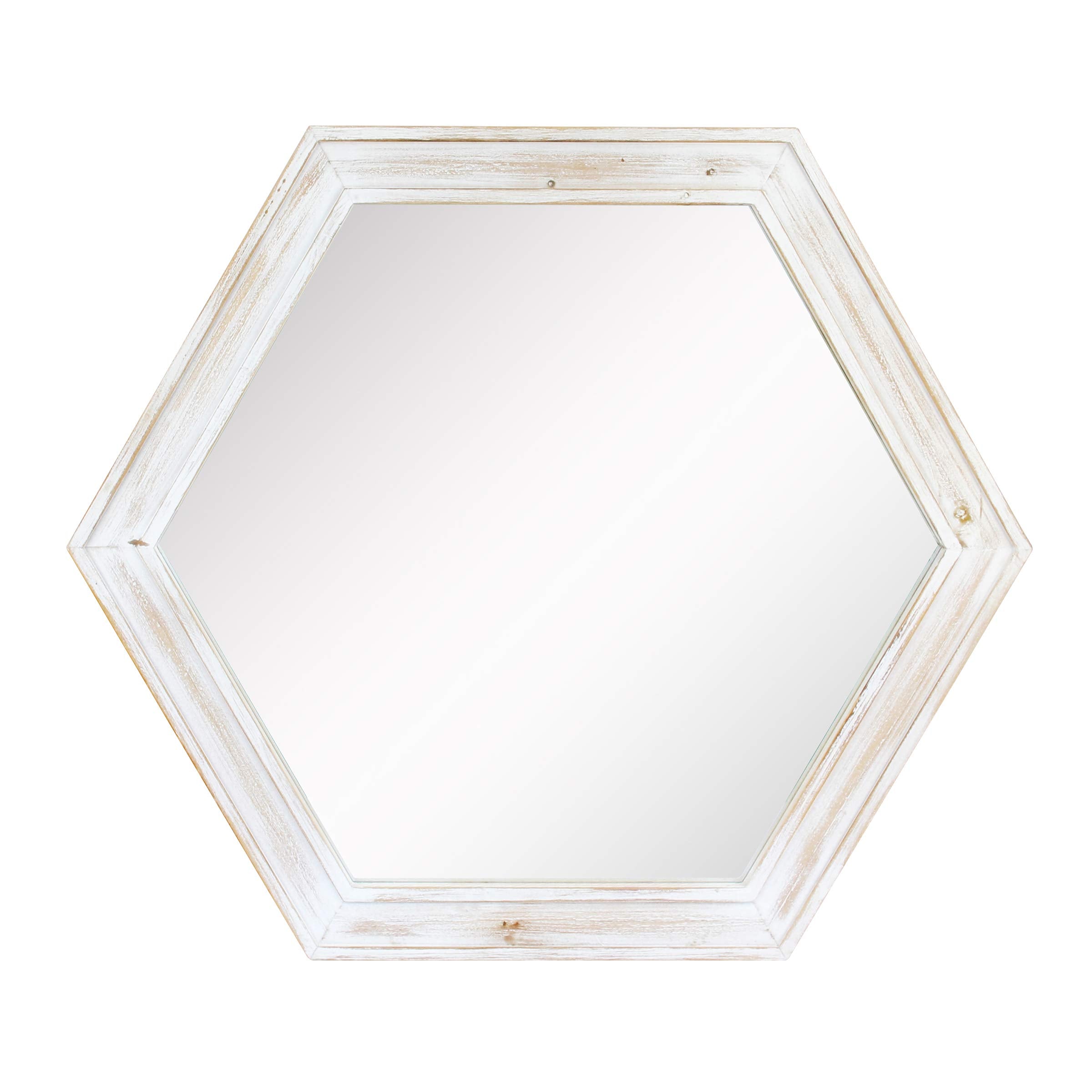 Stonebriar Decorative 24 Hexagon Wall Mirror with Worn White Wood Frame and Attached Hanging Bracket, Decorative Country Rustic 