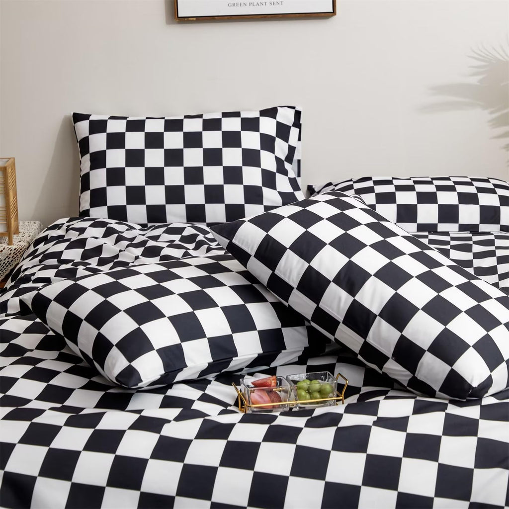 Houseri Black And White Plaid Comforter Set King Black Grid Bedding Comforter King Size Men Women Modern Checkerboard Comforters