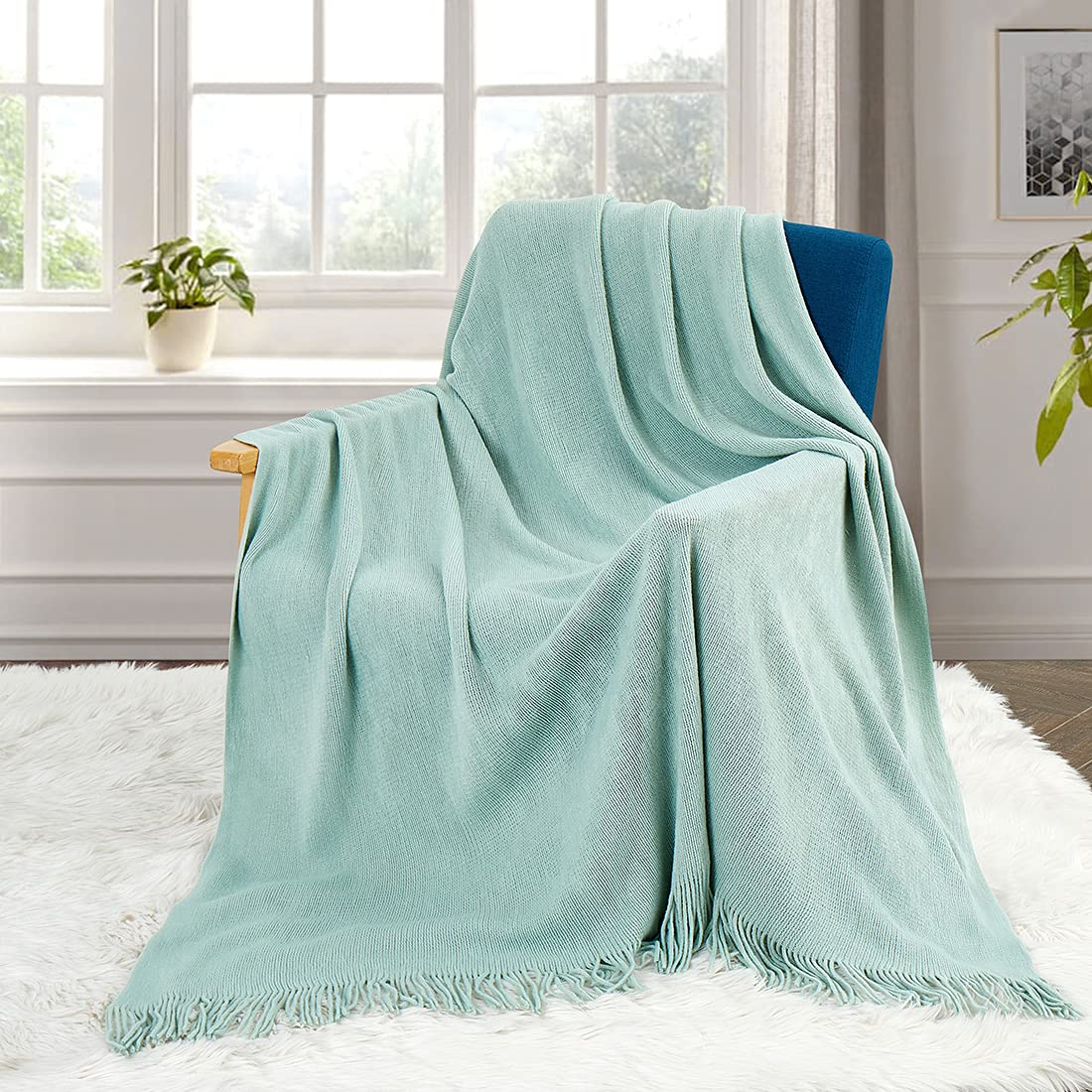 Homiest Decorative Knitted Throw Blanket With Fringe Soft & Cozy Tassel Blanket For Couch Sofa Bed (Light Green, 50X60)