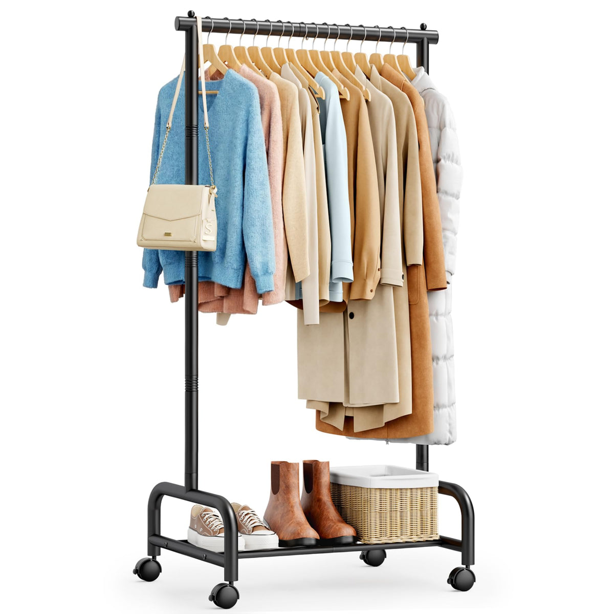 SLEEPING LAMB Heavy Duty Clothing Racks for Hanging Clothes, Small Rolling Clothes Rack with Wheels, Sturdy Garment Wardrobe Rac