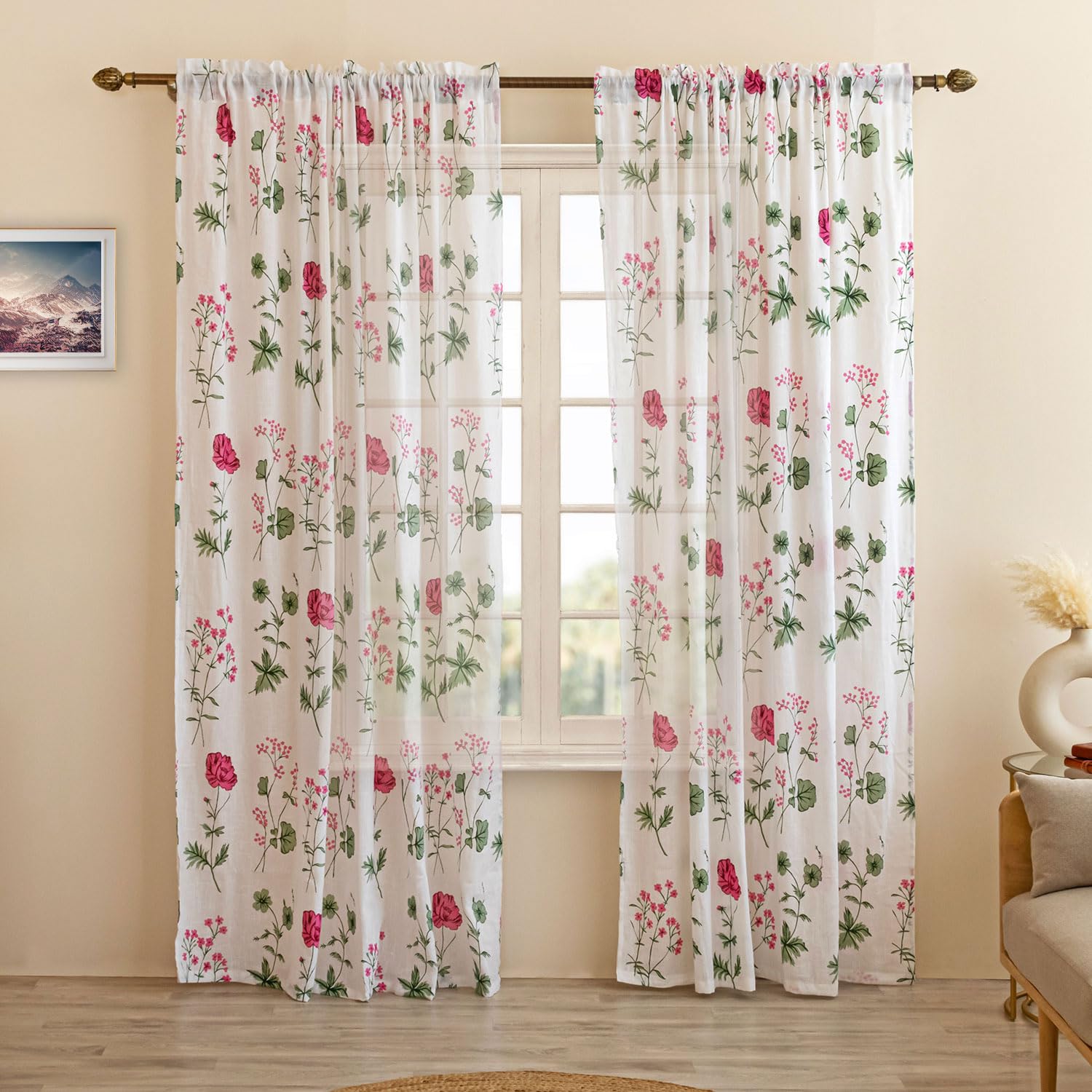 Homemonde Sheer Faux Linen Curtains With Rod Pocket Top Drapes For Living Room, Set Of 2 (Pink Floral, Door  7 Feet)