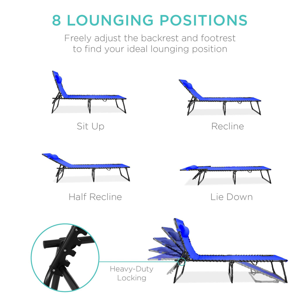 Best Choice Products Patio Chaise Lounge Chair, Portable Outdoor Folding Recliner For Lawn, W/ 8 Positions, Handles, 300Lb Capacity - Resort Blue