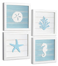 TideAndTales Ocean Theme Beach Wall Decor (Framed Set of 4) Coastal 3D Wall Art with Starfish, Seahorse, Sand Dollar and Coral -