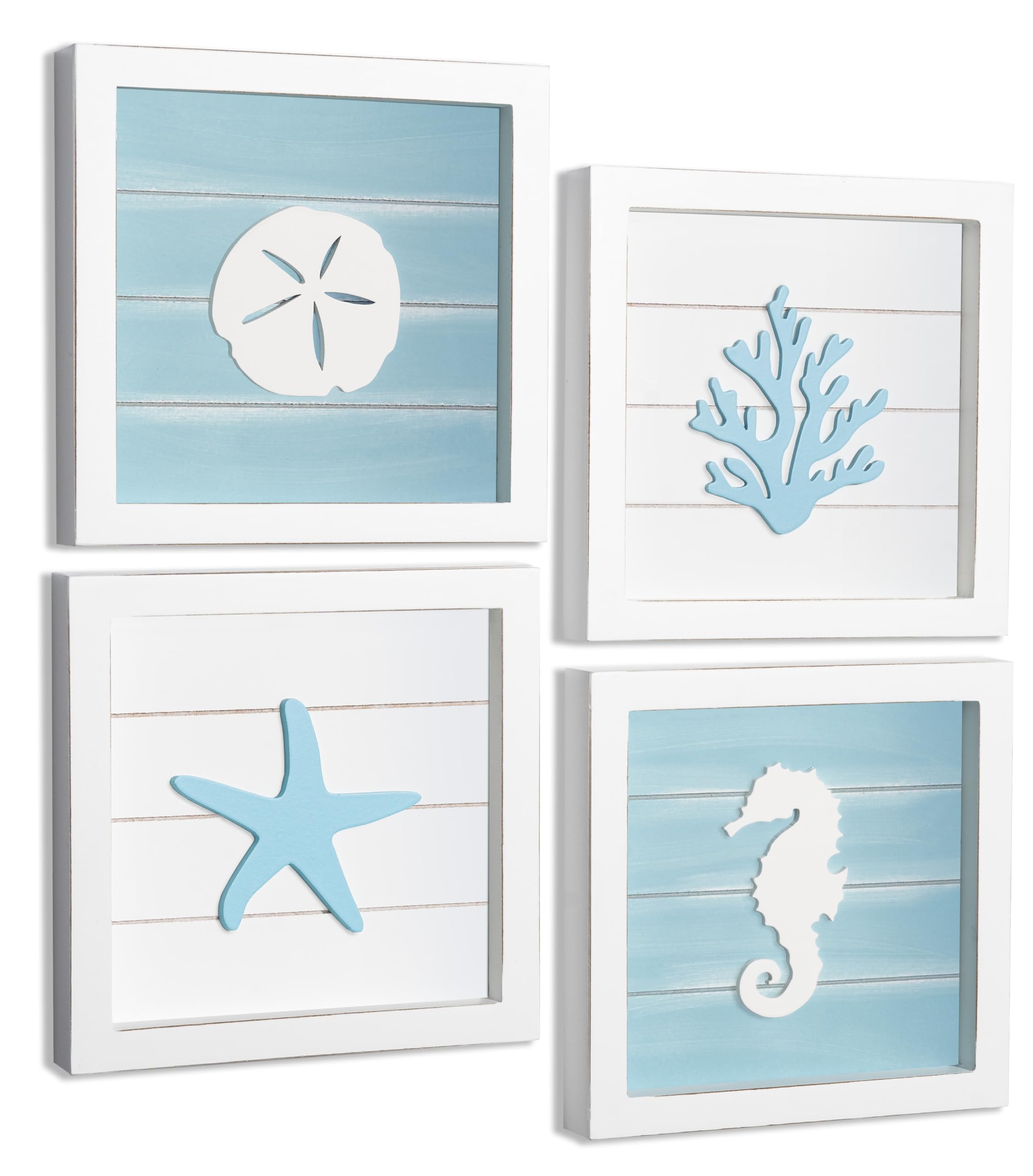 TideAndTales Ocean Theme Beach Wall Decor (Framed Set of 4) Coastal 3D Wall Art with Starfish, Seahorse, Sand Dollar and Coral -