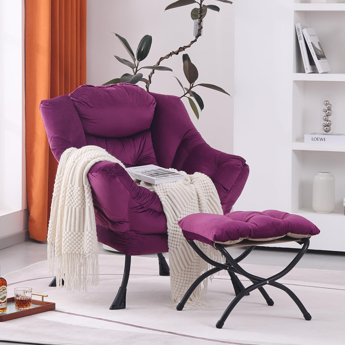 Seshinell Lazy Chair With Ottoman, Modern Accent Chair Lounge Leisure Sofa Chair With Armrests, Reading Chair And Folding Footst