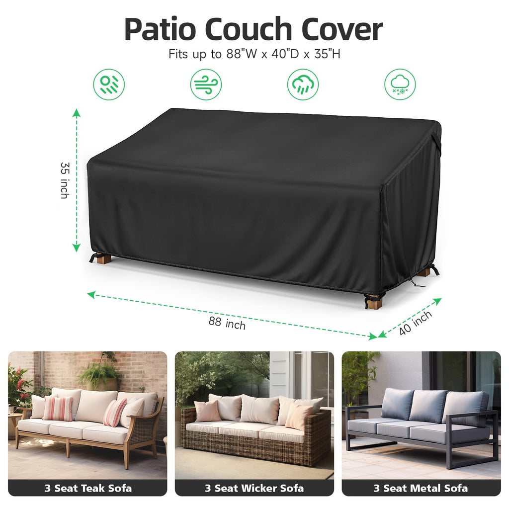 Mr.Cover 3-Seater Outdoor Couch Cover, Patio Furniture Covers Waterproof, Fits Up To 88W X 40D X 35H Inches, With Air Vent And Handles, Black