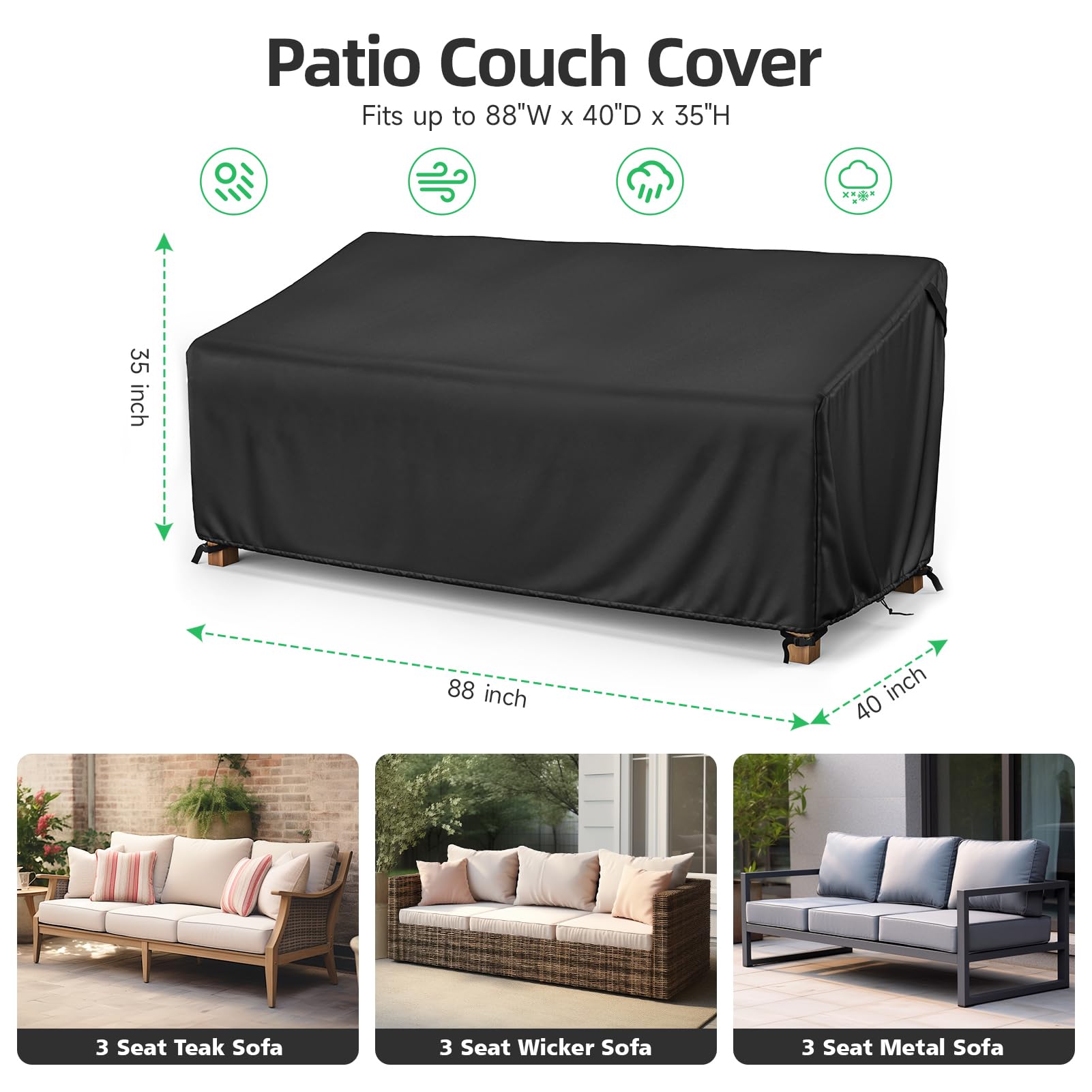 Mr.Cover 3-Seater Outdoor Couch Cover, Patio Furniture Covers Waterproof, Fits Up To 88W X 40D X 35H Inches, With Air Vent And Handles, Black