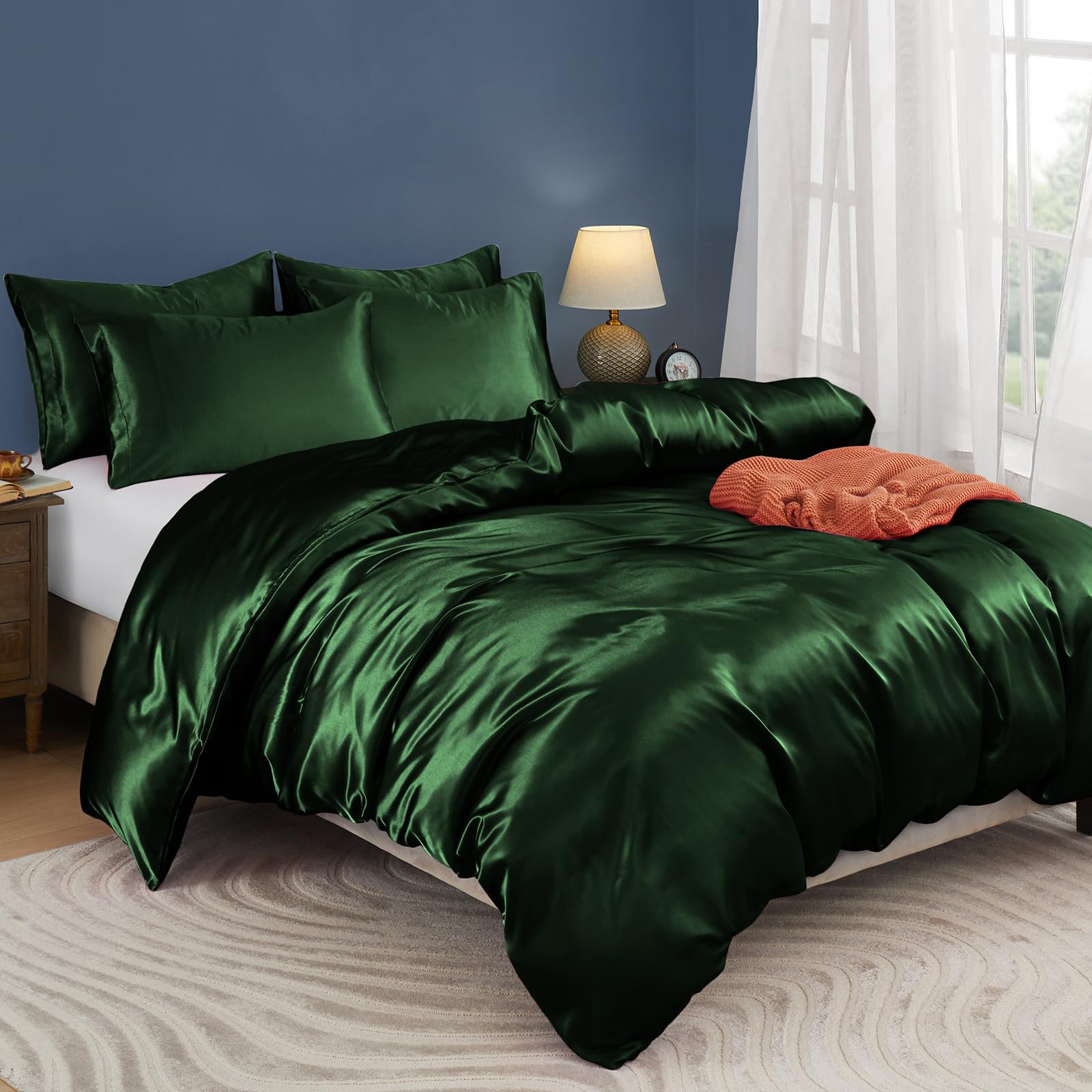 Horbaunal 5 Pieces Satin Duvet Cover Set Queen/Full Size Emerald Green Duvet Cover With Corner Ties & Zipper Closure, Luxury & S