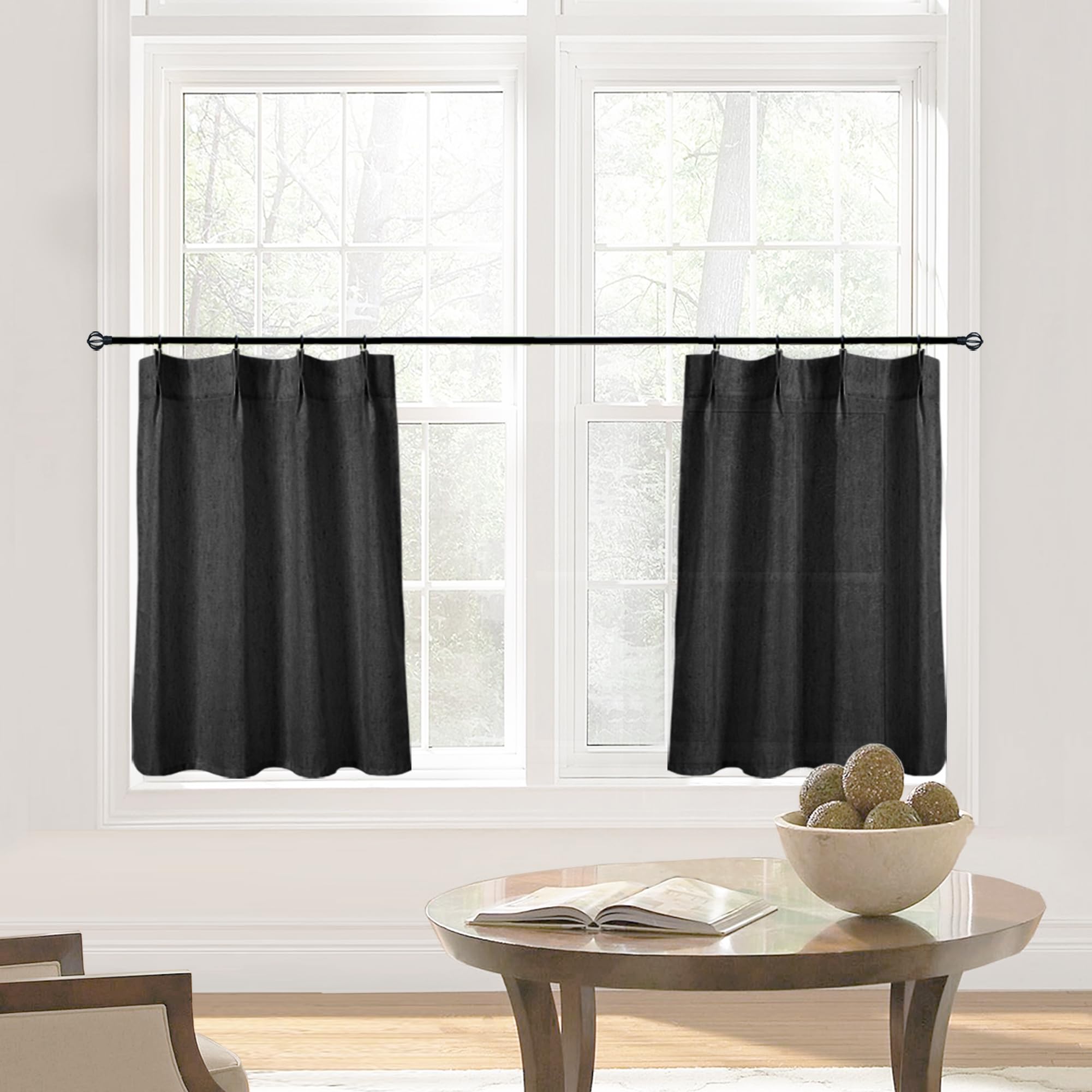 Black Short Curtains For Kitchen Bathroom Window,Linen Farmhouse Sheer Extra Wide Curtains With Hooks,36 Inch Length