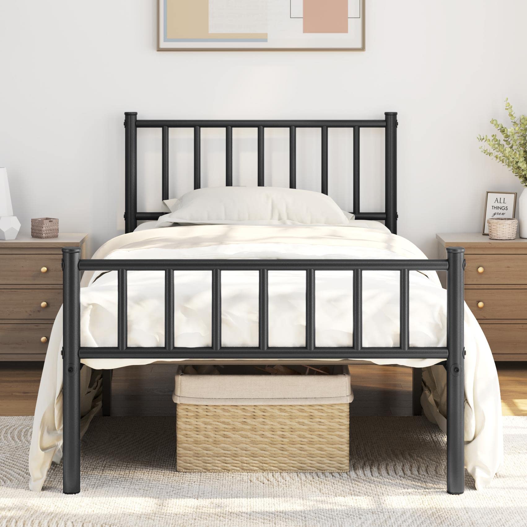 Yaheetech Twin Size Bed Frame Metal Platform Bed Frame Mattress Foundation with Spindle Headboard & Footboard/No Box Spring Need