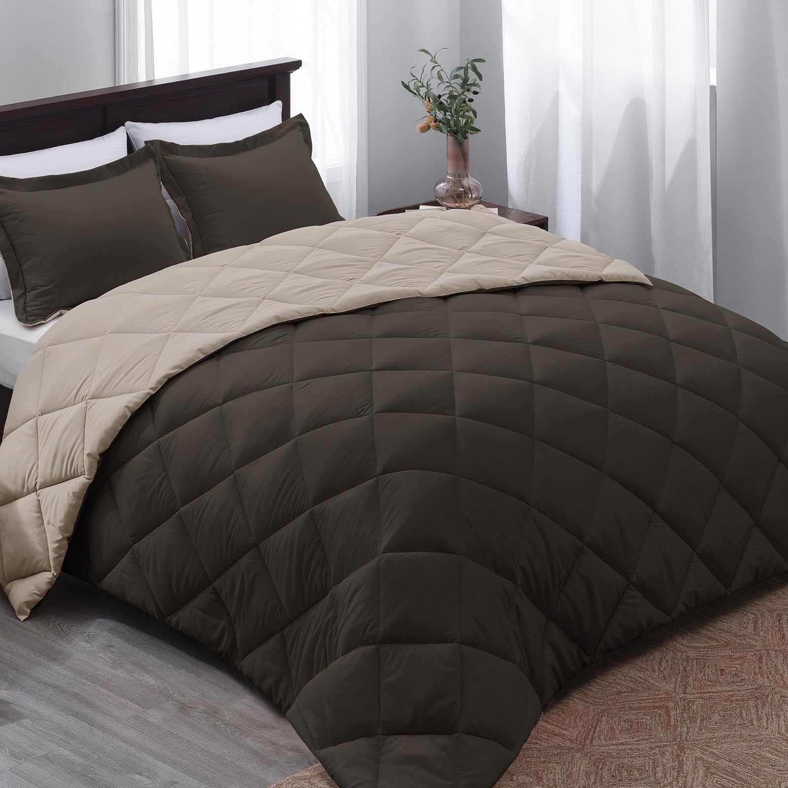 Basic Beyond Queen Comforter Set - Brown Comforter Set Queen, Reversible Bed Comforter Queen Set For All Seasons, Brown/Ivory, 1