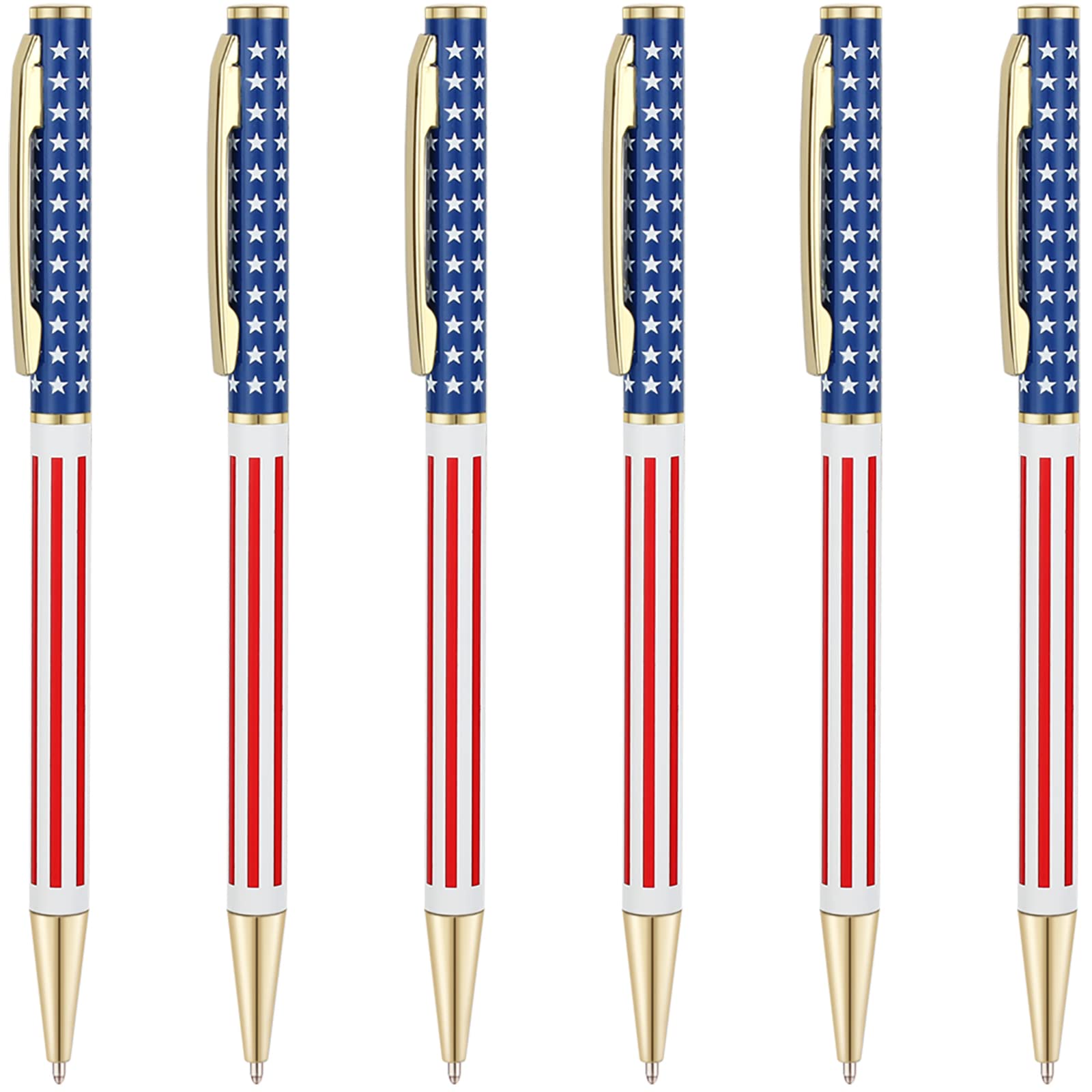 Unibene Slim Metal Retractable Ballpoint Pens Bulk Of 6 Count, Gold Patriotic American Flag For Swat, Veteran, Souvenir, Promoti