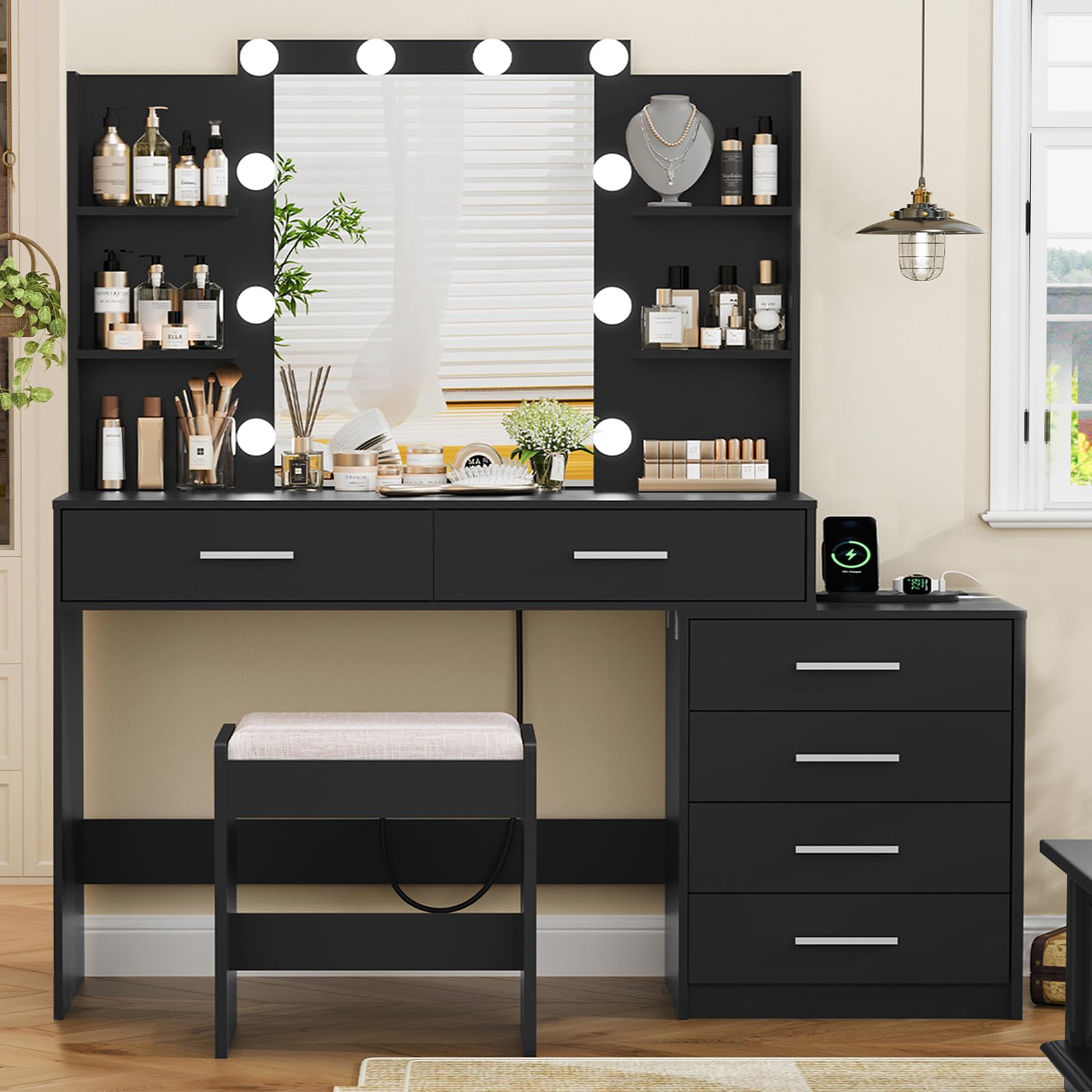 Quimoo 48' Large Vanity Desk With Mirror And Lights, Makeup Vanity With 6 Drawers, Power Outlet, Vanity Makeup Mirror Desk Table Set With 4 Storage Shelves & Stool, Best Gift For Women Girls,Black