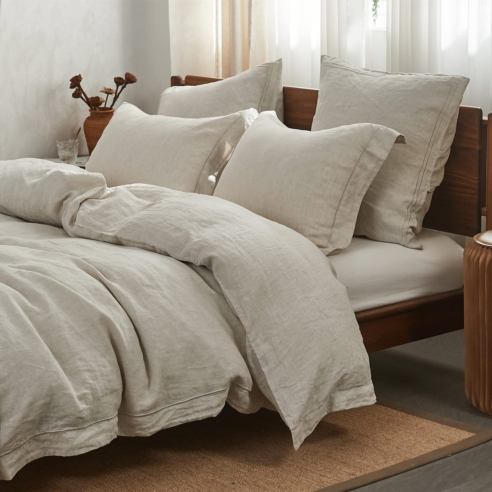 Simple&Opulence 100% Linen Duvet Cover Set With Embroidery Border Washed - 3 Pieces (1 Duvet Cover With 2 Pillow Shams) With But