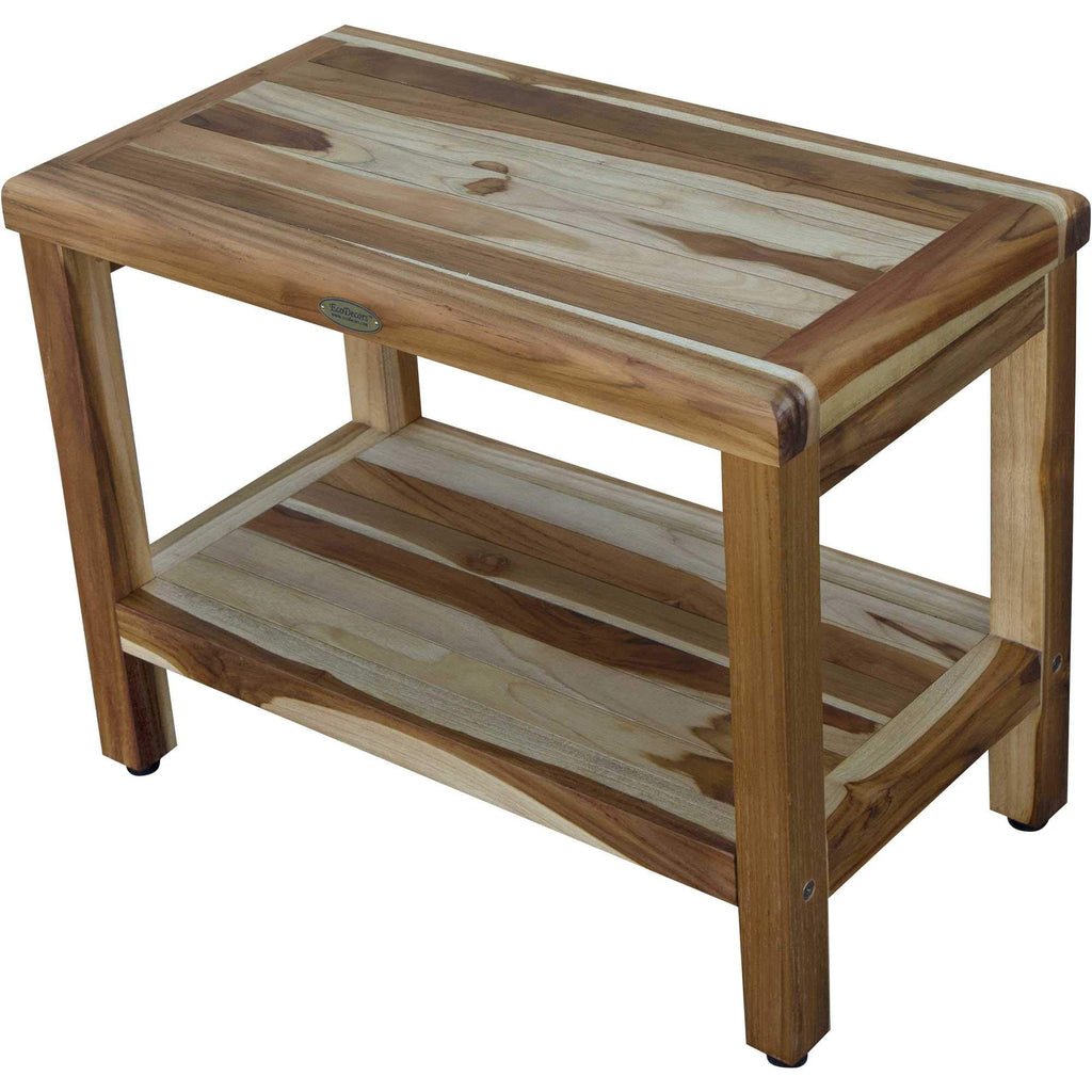 HomeRoots 24' Teak Rectangular Shower Outdoor Bench with Shelf in Natural Finish