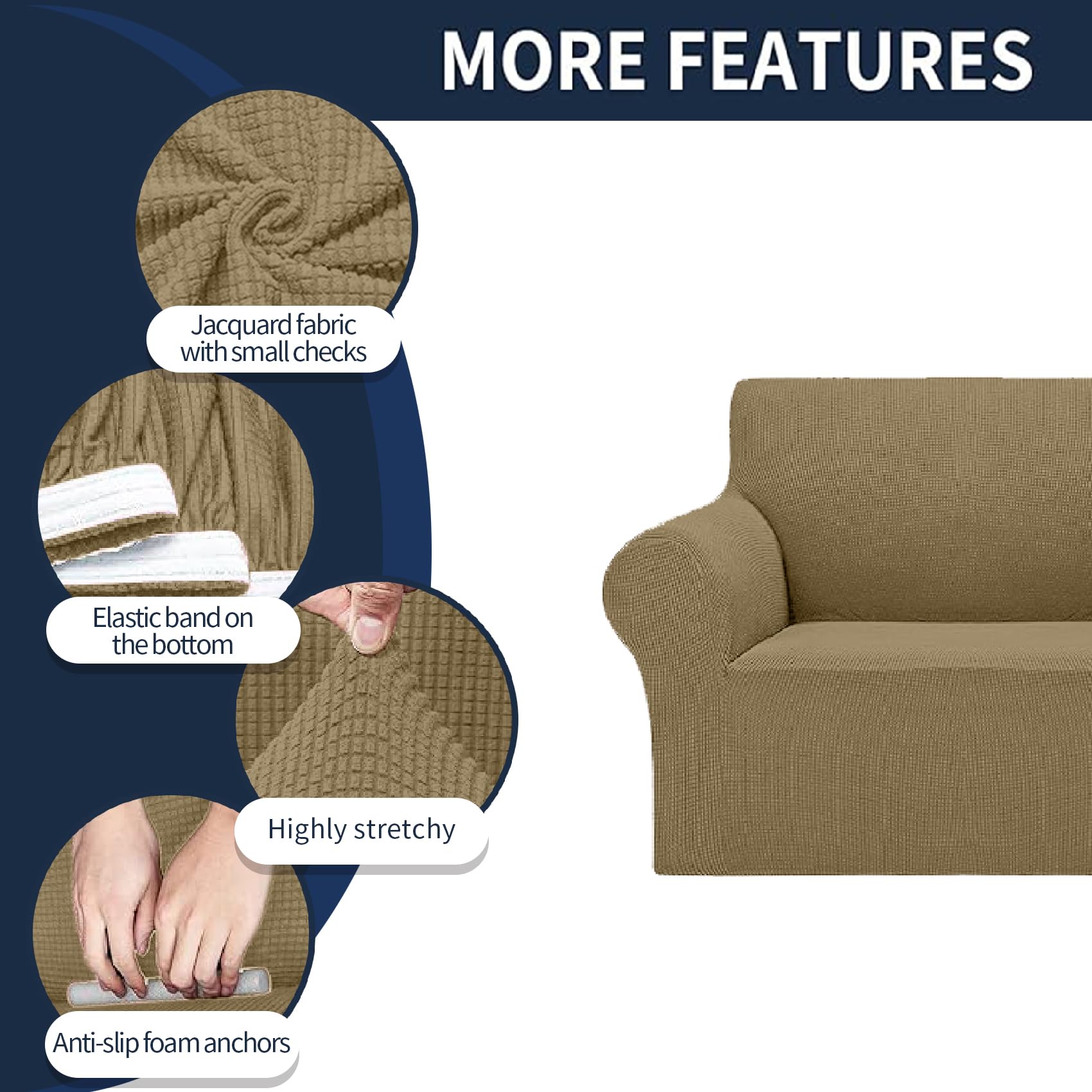 2025 New Stretch Sofa Slipcovers Couch Cover For 3 Cushion Furniture Protector Sofa Covers With Elastic Bottom Jacquard Fabric Small Checks For Pets, Kids -Sofa, Tan