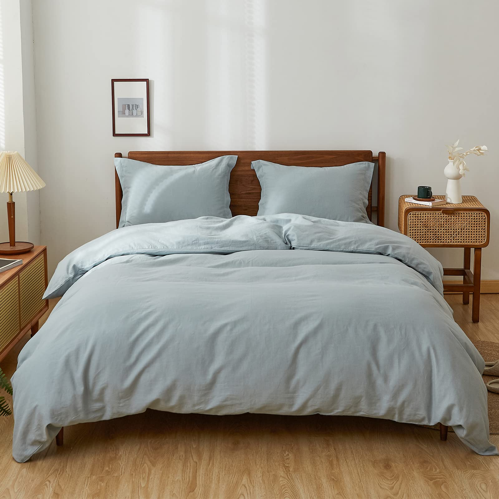 Simple&Opulence 100% Linen Duvet Cover Set, 2 PCS Pure Natural French Flax Dusty Blue Duvet Cover Twin Size, Breathable Soft Com