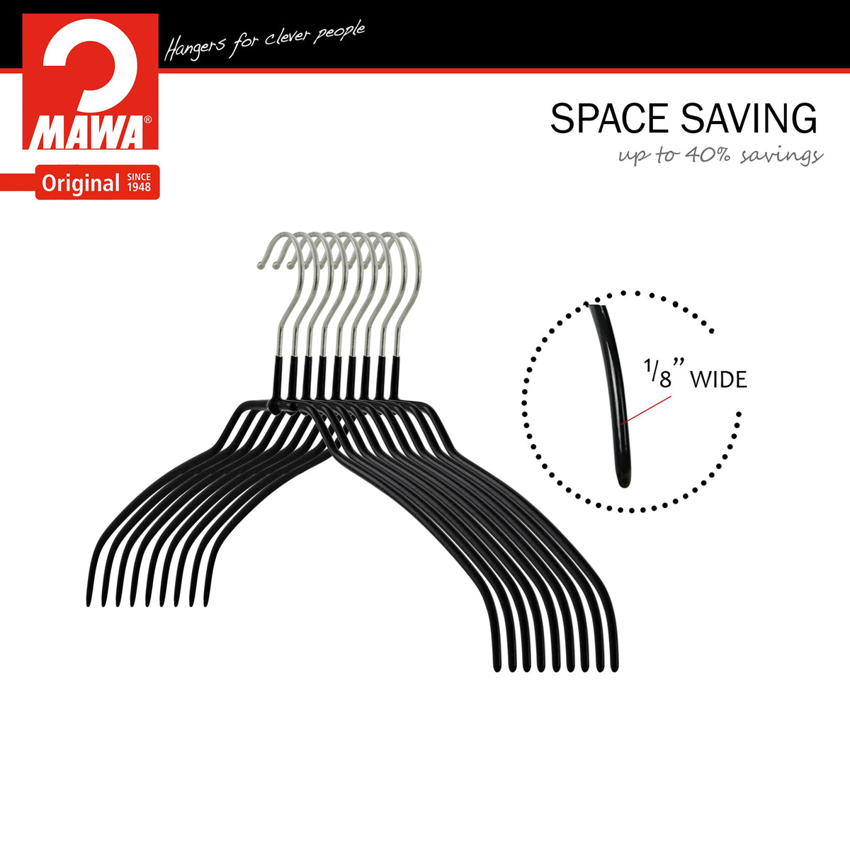 Mawa Reston Lloyd Silhouette Ultra-Thin Series, Non-Slip Space Saving Shirt Hanger, Style 42/Ft, Pack Of 20, Black, 20 Count