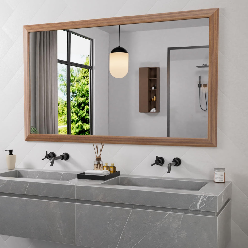 Amorho Bathroom Mirror, 60X36 Inch Wall Mirror, Walnut Wood Grain Metal Framed, Anti-Rust, Hang Horizontally/Vertically, Suitabl