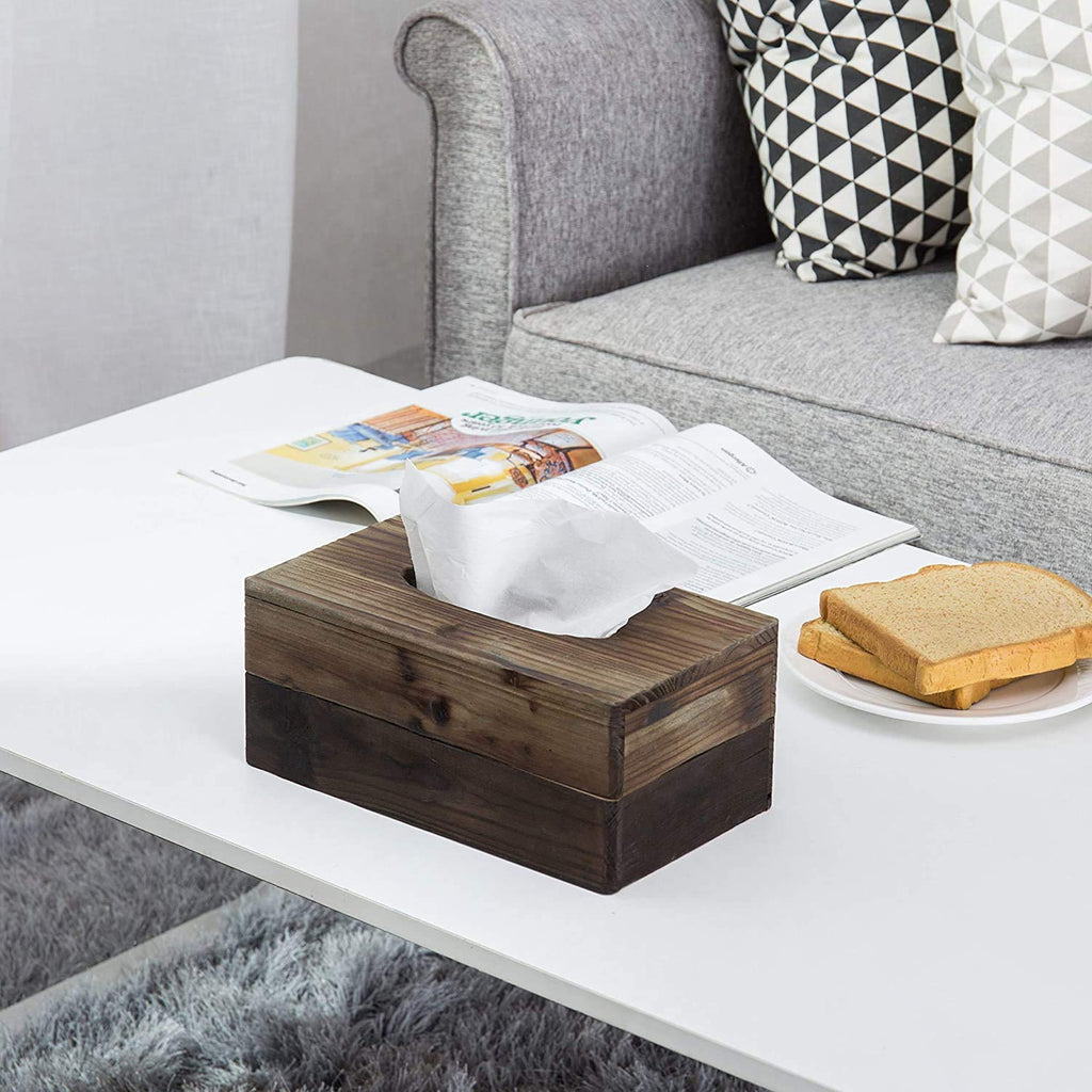 Mygift Rustic Dark Torched Wood Rectangular Tissue Box Holder Cover, Bathroom Facial Tissue Box Cover With Easy Refill Slide Out
