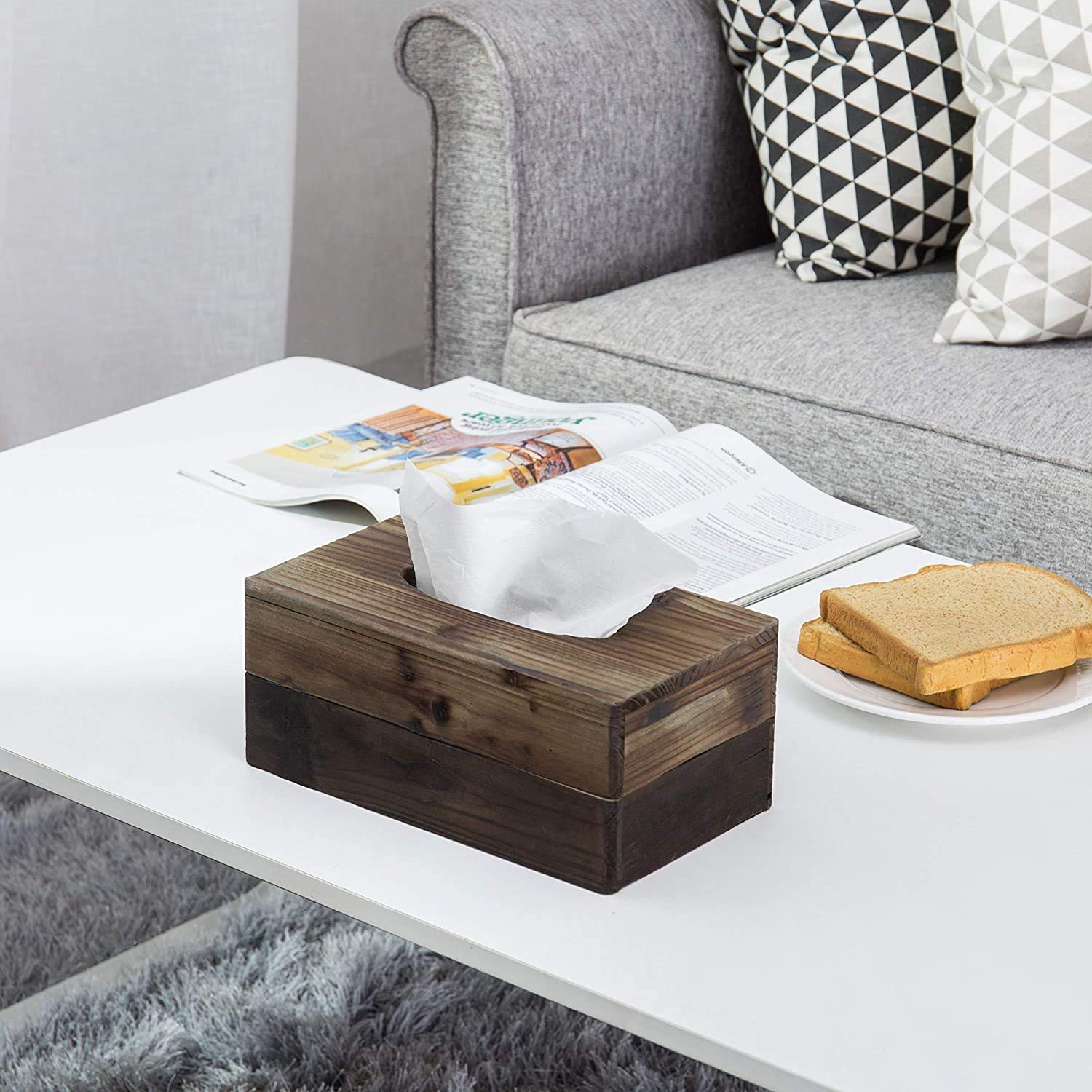 Mygift Rustic Dark Torched Wood Rectangular Tissue Box Holder Cover, Bathroom Facial Tissue Box Cover With Easy Refill Slide Out