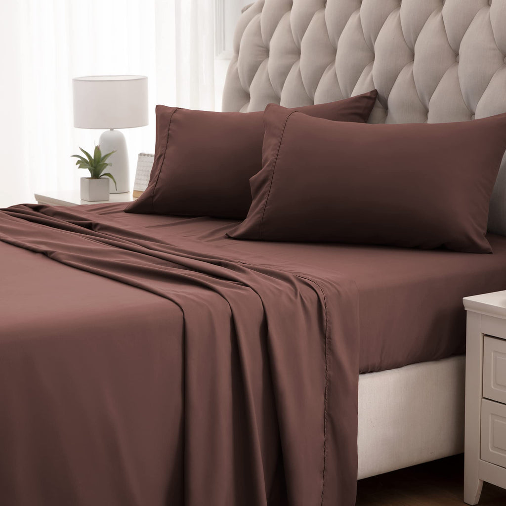 Sleep Zone Nanotex Super Soft Cooling King Bed Sheets Set 4 Piece - Easy Care Fitted Flat Sheet & Pillowcase Sets - Wrinkle Free, Fade Resistant, Deep Pocket 16' (Brown, King)